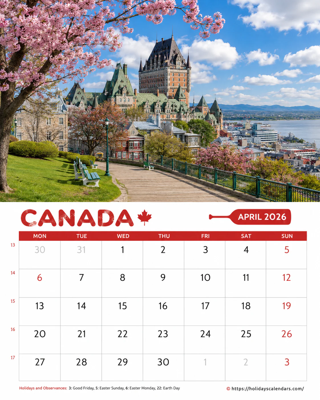 Canada public holidays April 2026 calendar image with Good Friday and Easter Monday highlighted
