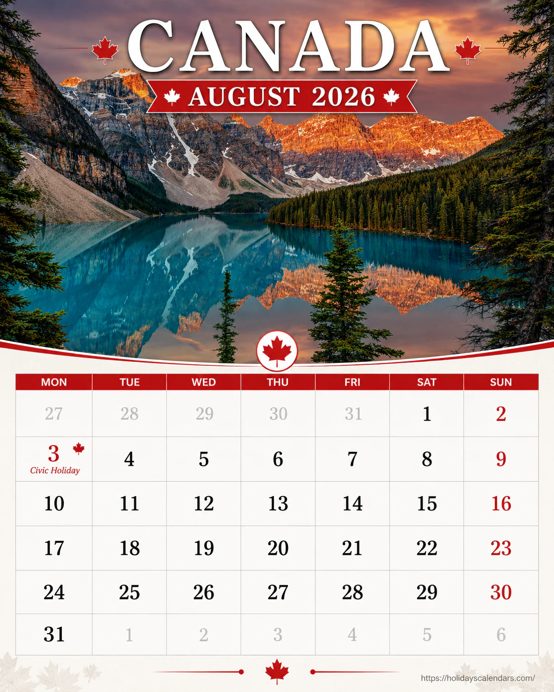 Canada public holidays August 2026 calendar image with Civic Holiday regional date highlighted