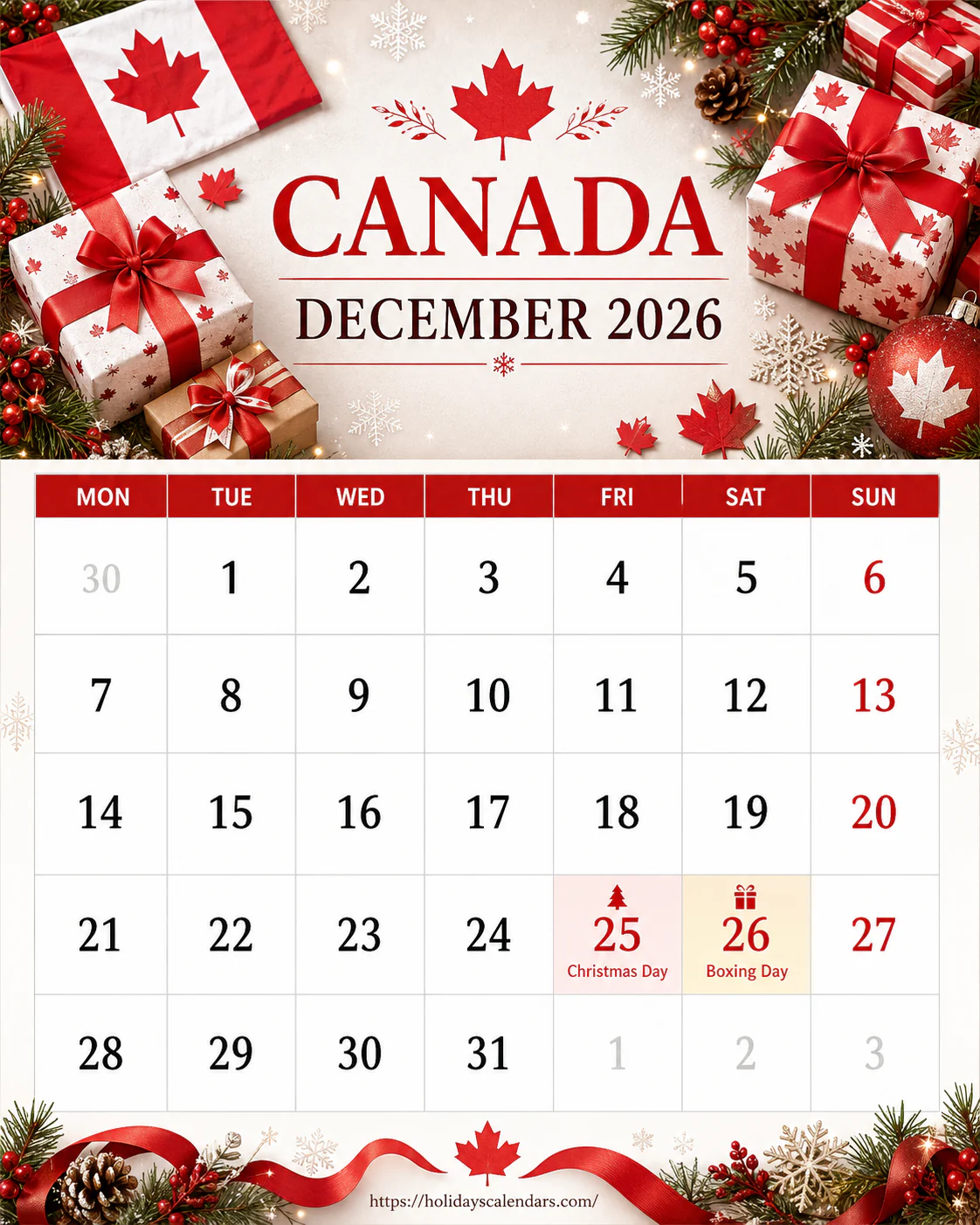 Canada public holidays December 2026 calendar image with Christmas Day and Boxing Day highlighted