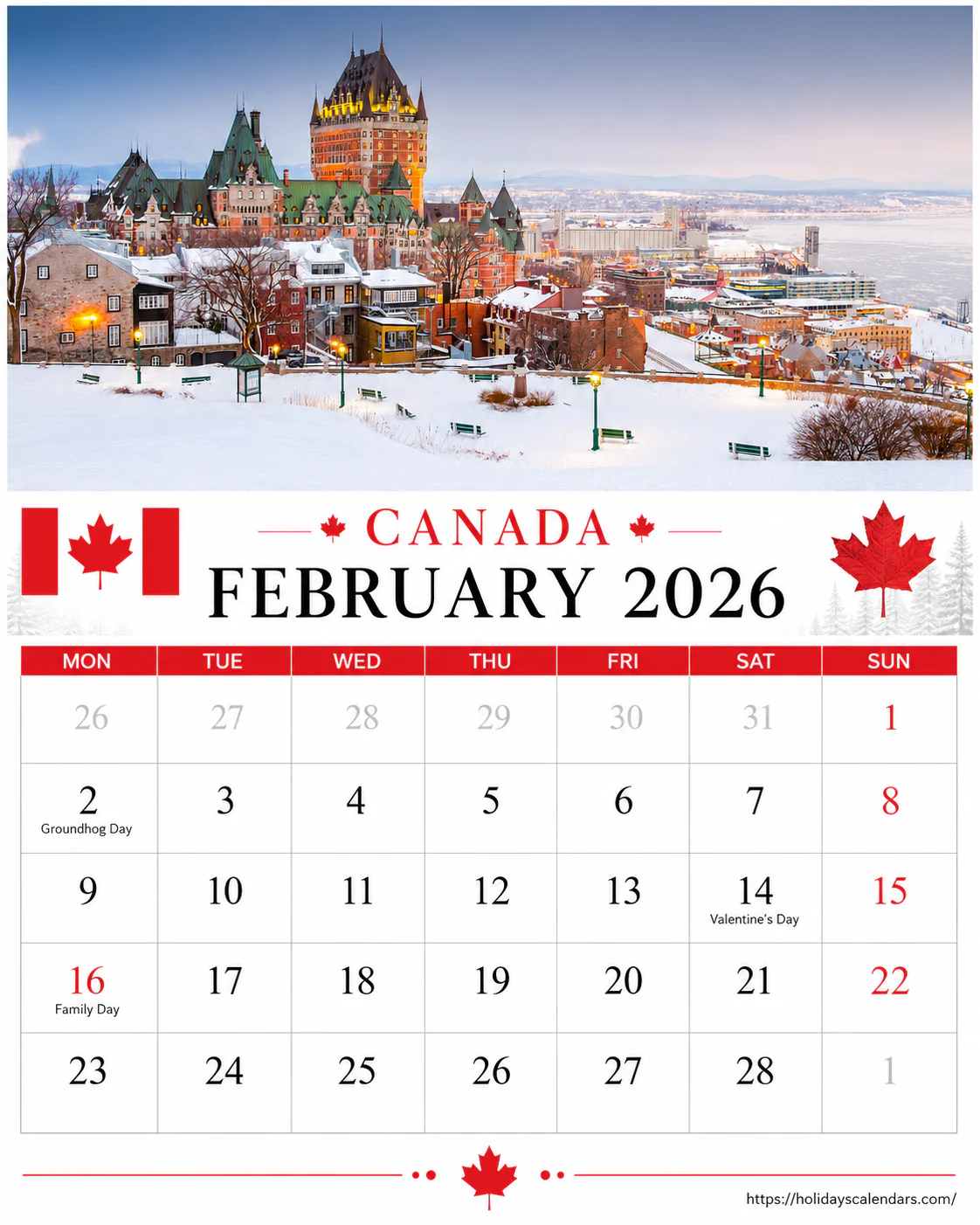 Canada public holidays February 2026 calendar image with Family Day regional holiday date highlighted