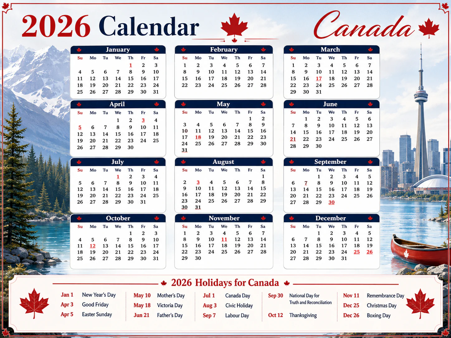 Canada public holidays 2026 full year calendar image with statutory federal and provincial holiday markers