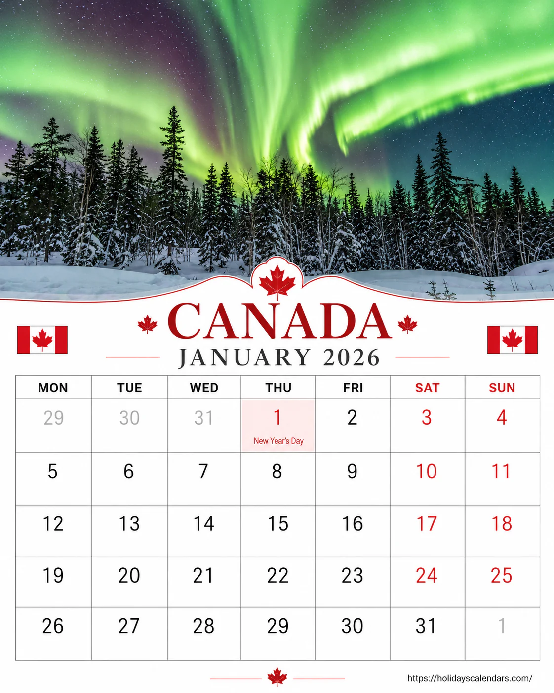 Canada public holidays January 2026 calendar image with New Year's Day highlighted