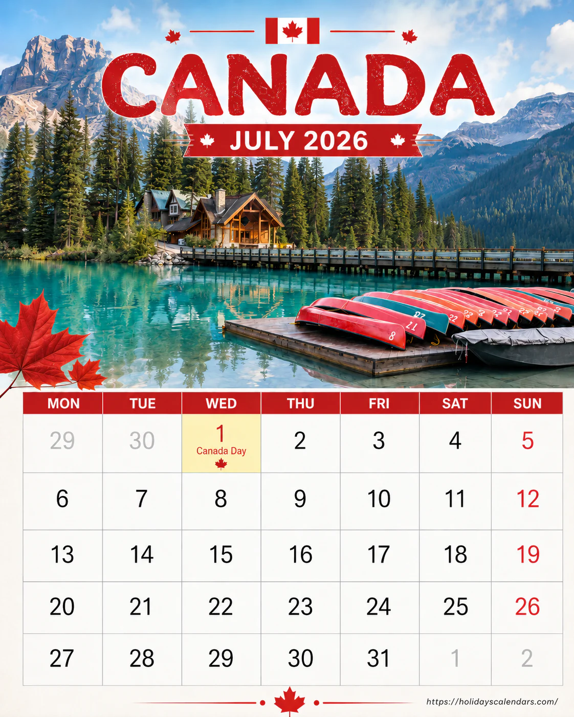 Canada public holidays July 2026 calendar image with Canada Day highlighted