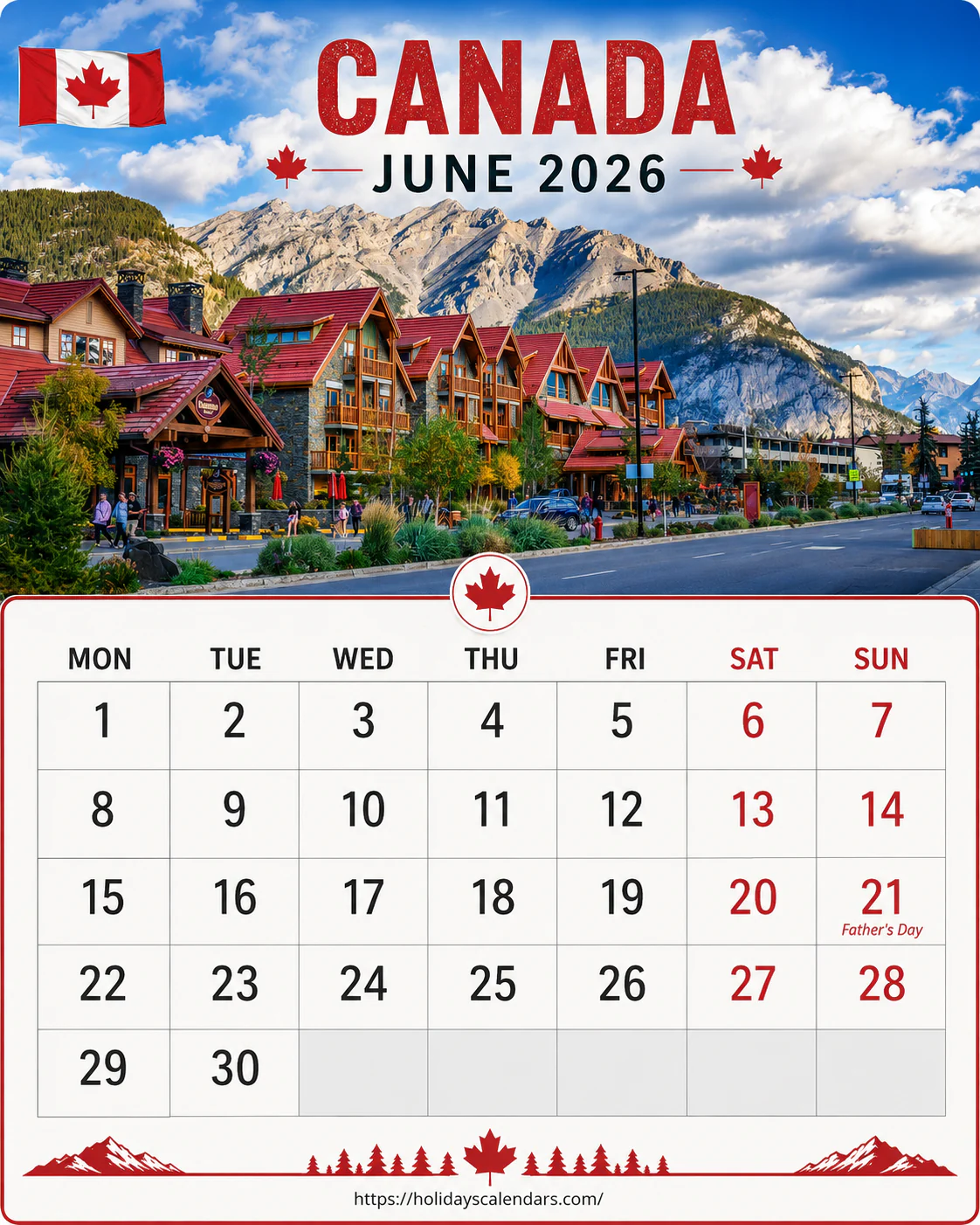 Canada public holidays June 2026 calendar image with Saint-Jean-Baptiste Day highlighted for Quebec