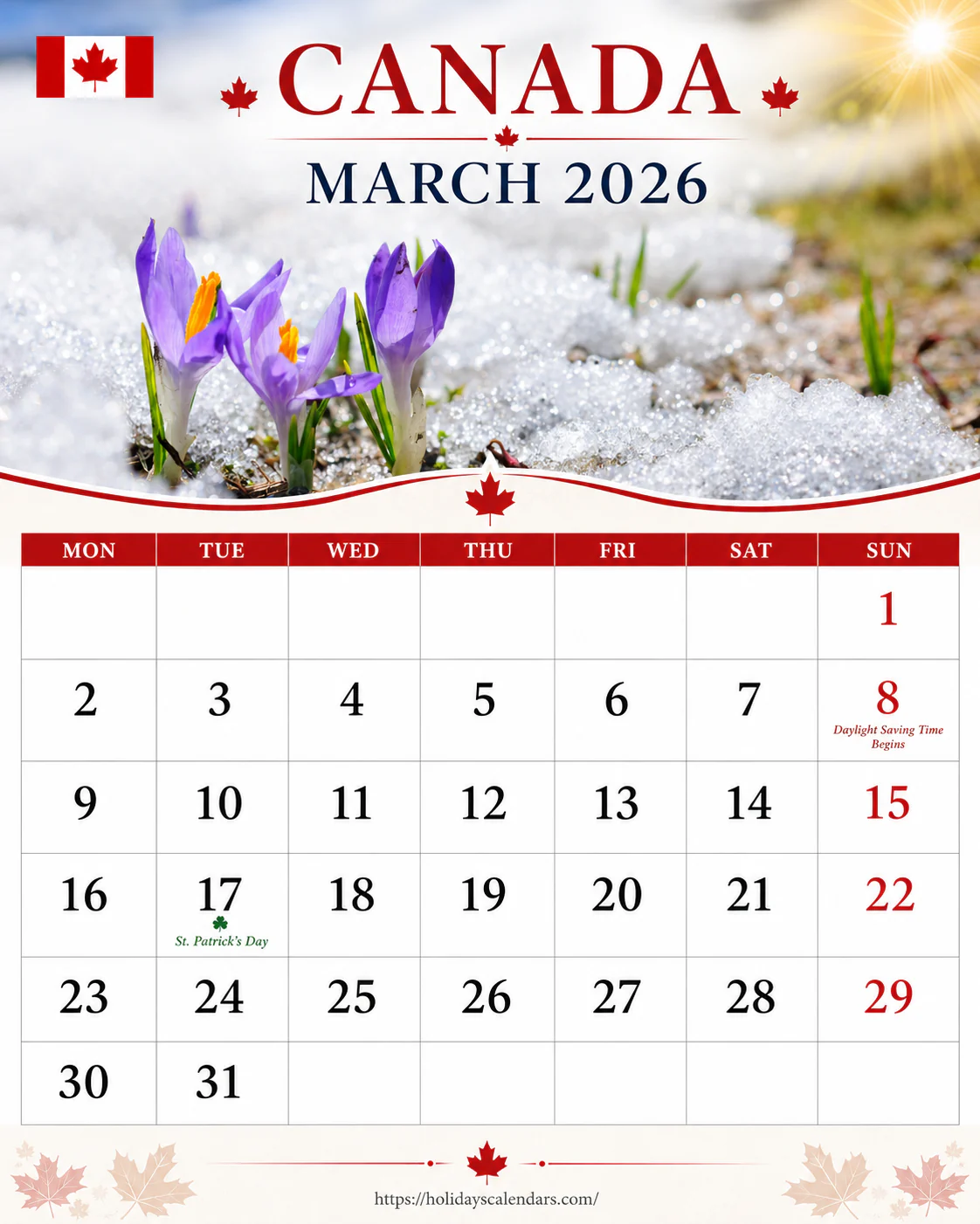 Canada public holidays March 2026 calendar image for monthly planning
