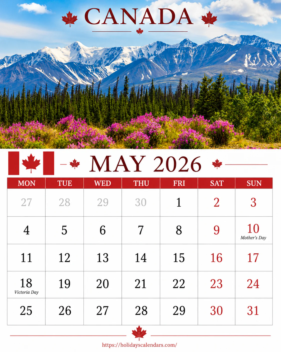 Canada public holidays May 2026 calendar image with Victoria Day highlighted