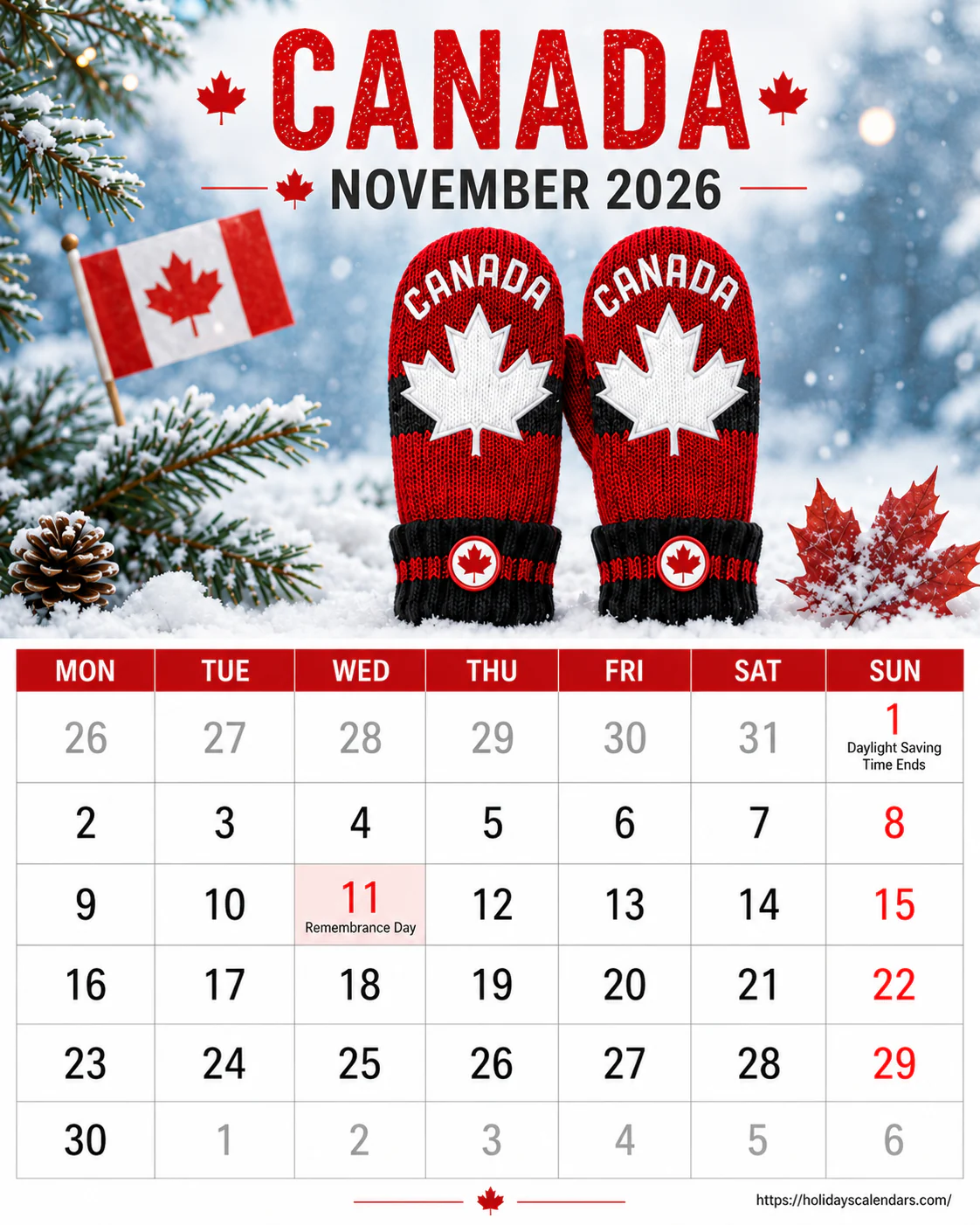 Canada public holidays November 2026 calendar image with Remembrance Day highlighted
