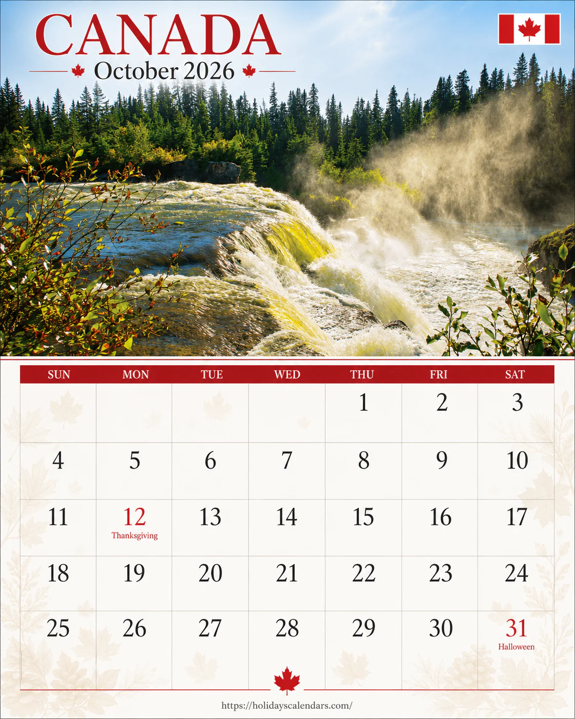 Canada public holidays October 2026 calendar image with Thanksgiving Day highlighted