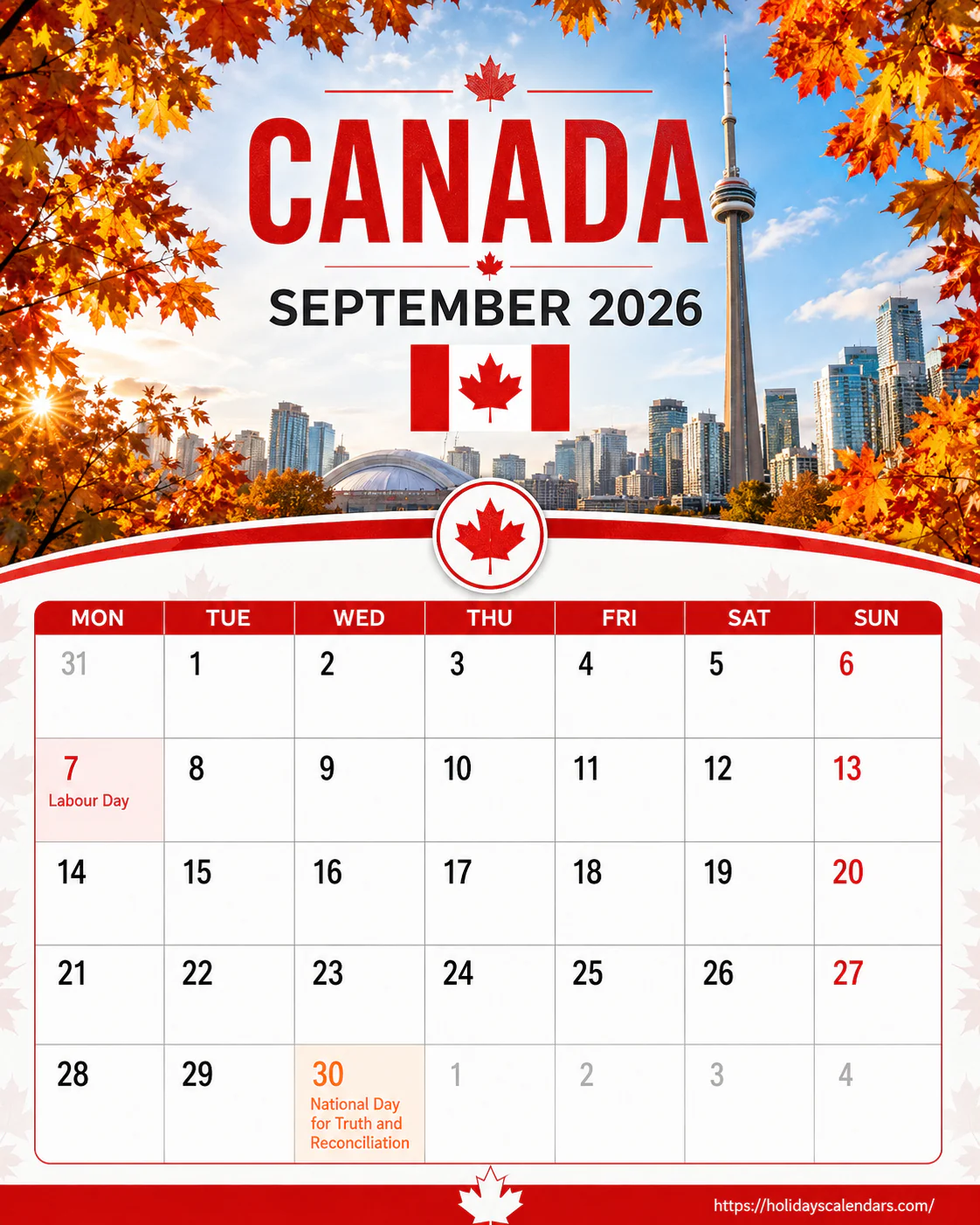 Canada public holidays September 2026 calendar image with Labour Day highlighted