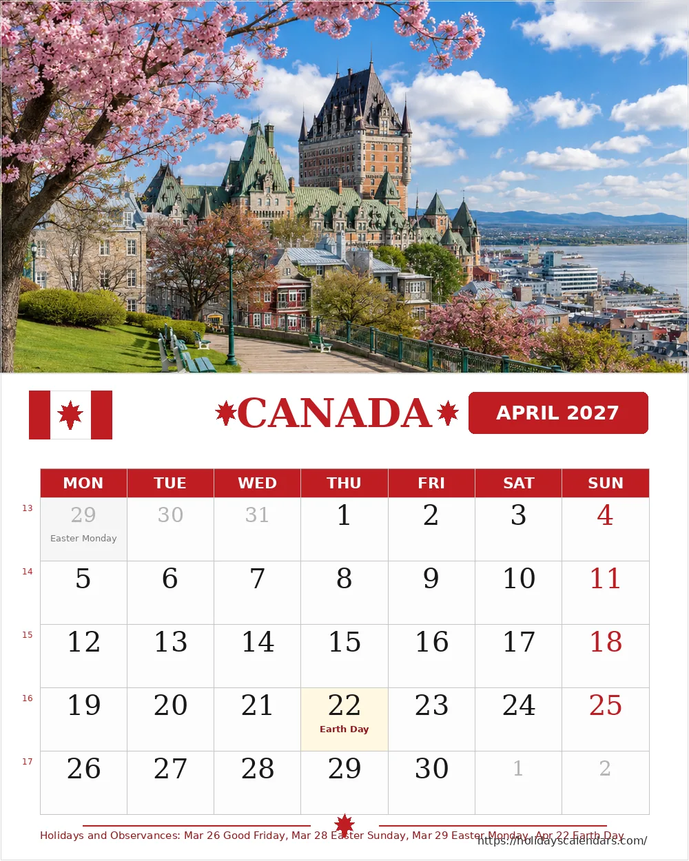 Canada public holidays April 2027 calendar image for monthly planning