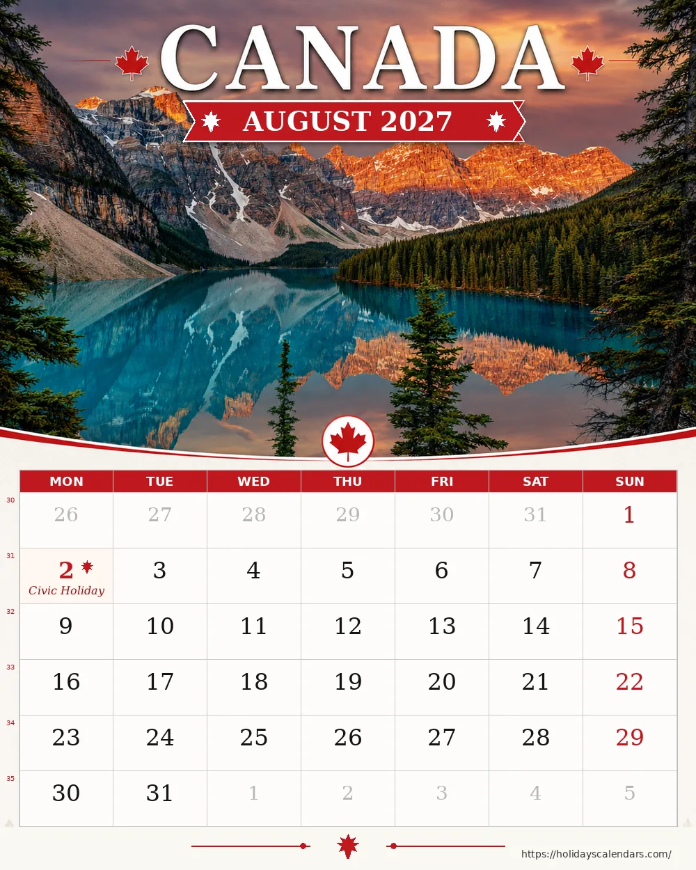 Canada public holidays August 2027 calendar image with Civic Holiday regional date highlighted