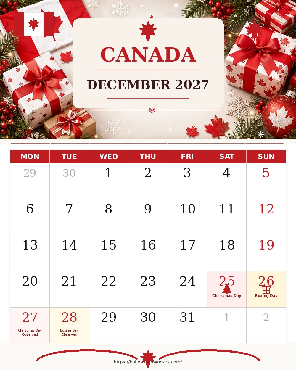 Canada public holidays December 2027 calendar image with Christmas Day and Boxing Day observed closure dates highlighted