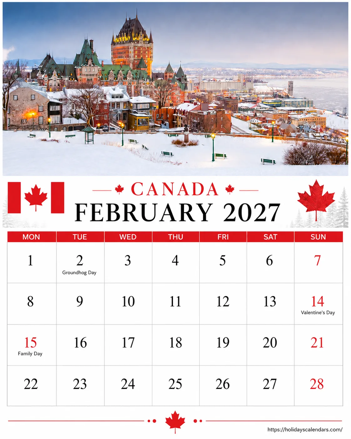 Canada public holidays February 2027 calendar image with Family Day regional holiday date highlighted