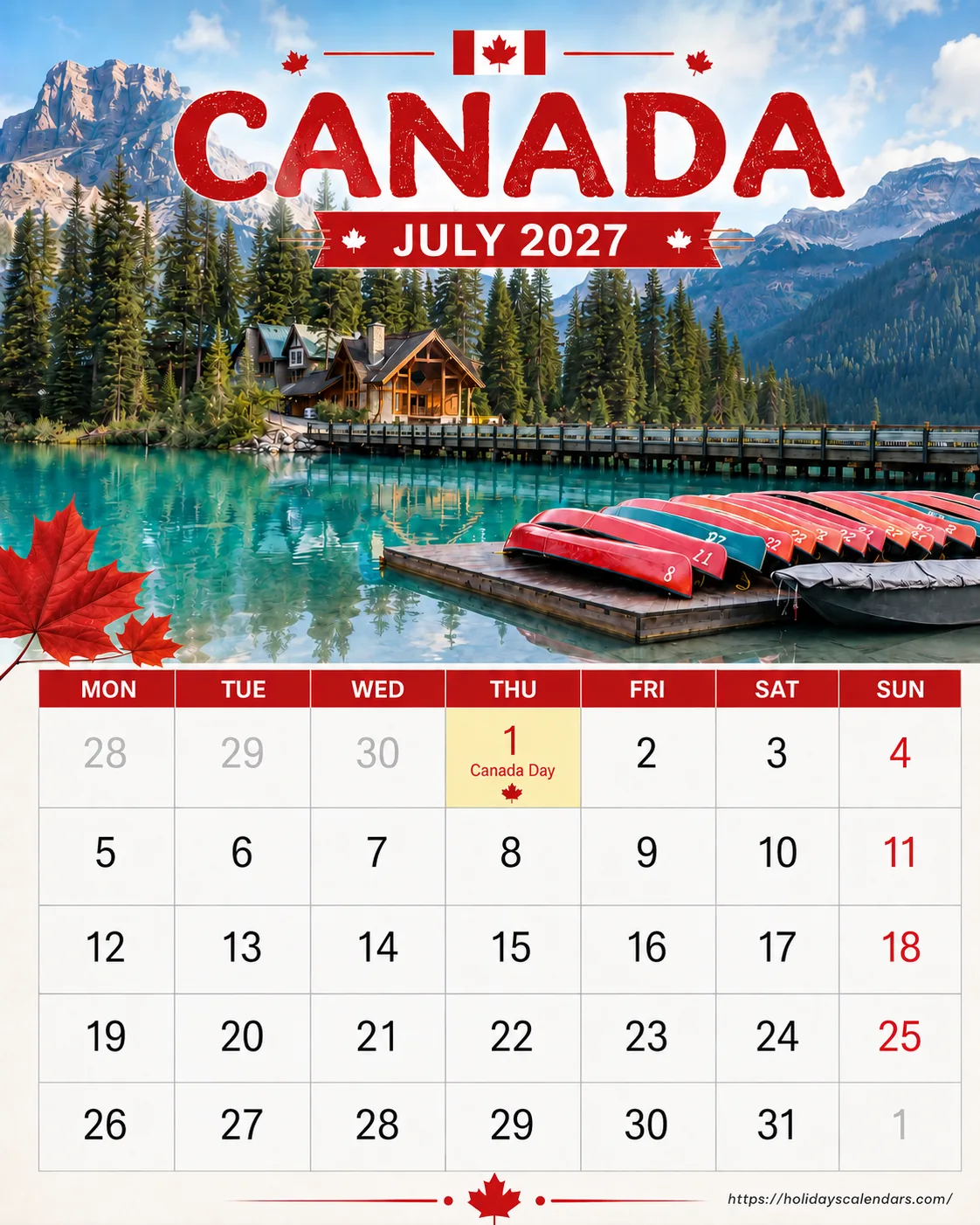 Canada public holidays July 2027 calendar image with Canada Day highlighted