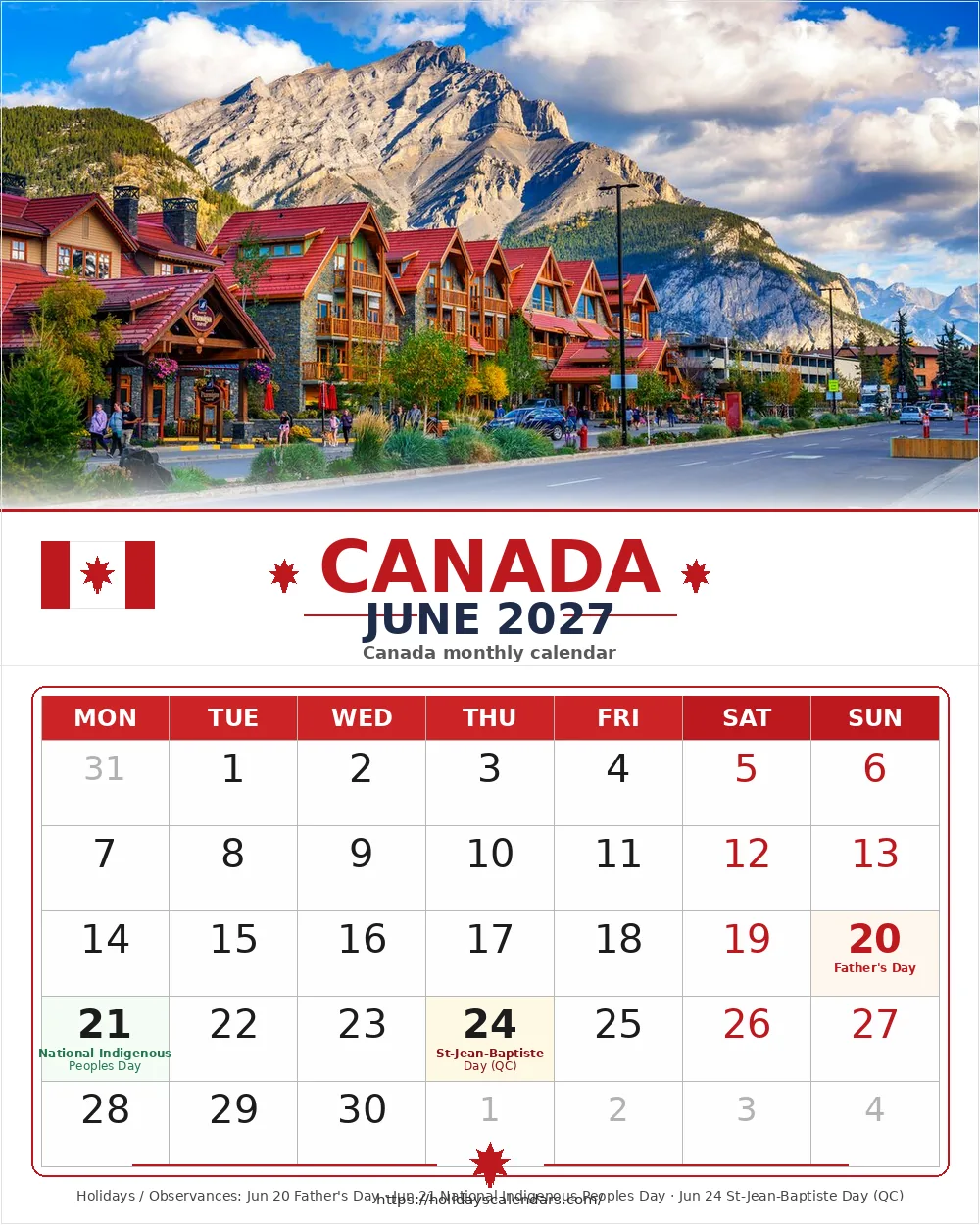 Canada public holidays June 2027 calendar image with Saint-Jean-Baptiste Day highlighted for Quebec
