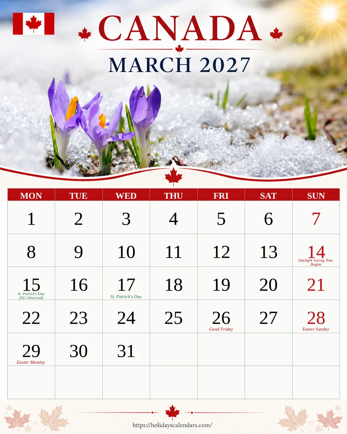 Canada public holidays March 2027 calendar image with Good Friday and Easter Monday highlighted