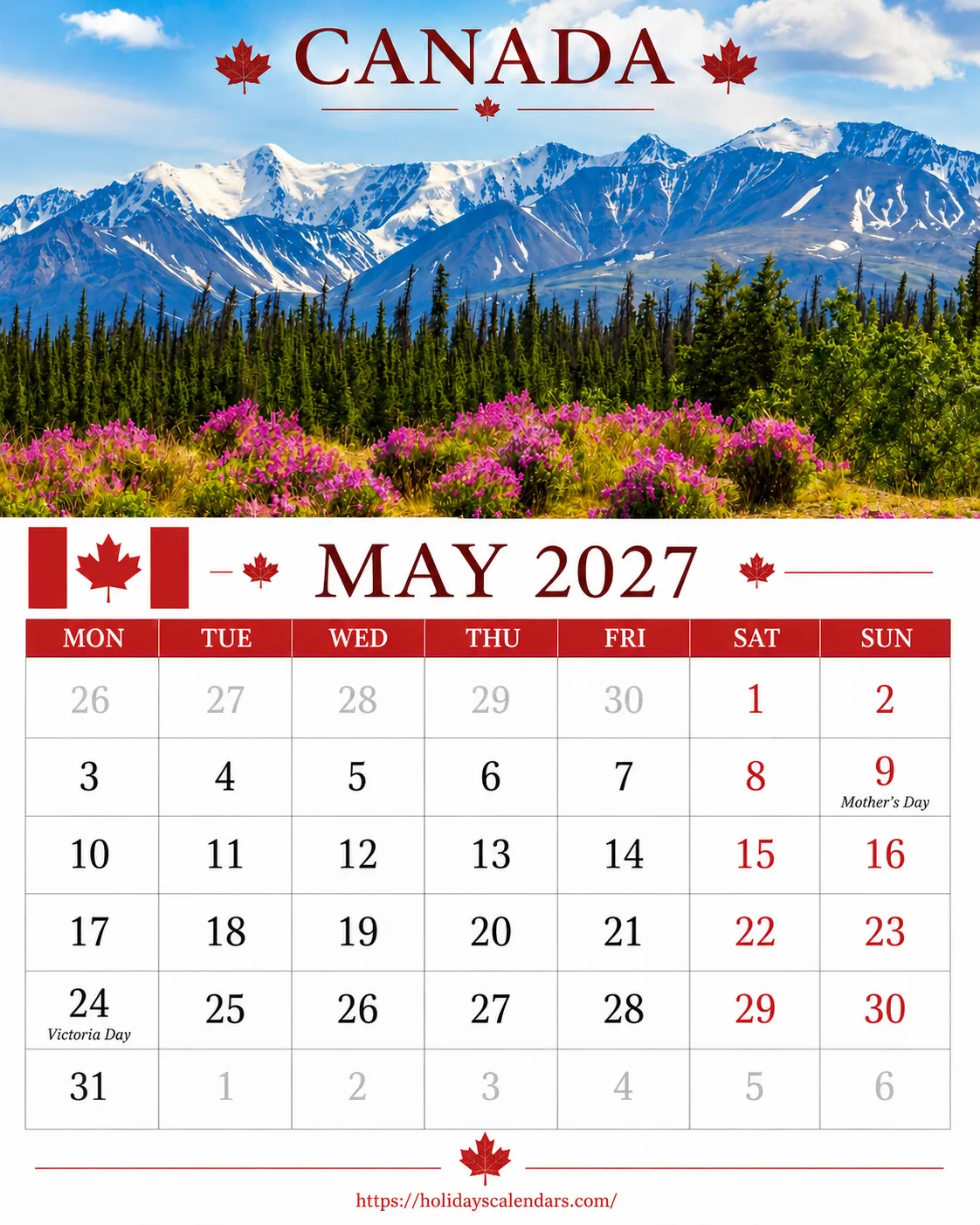 Canada public holidays May 2027 calendar image with Victoria Day highlighted