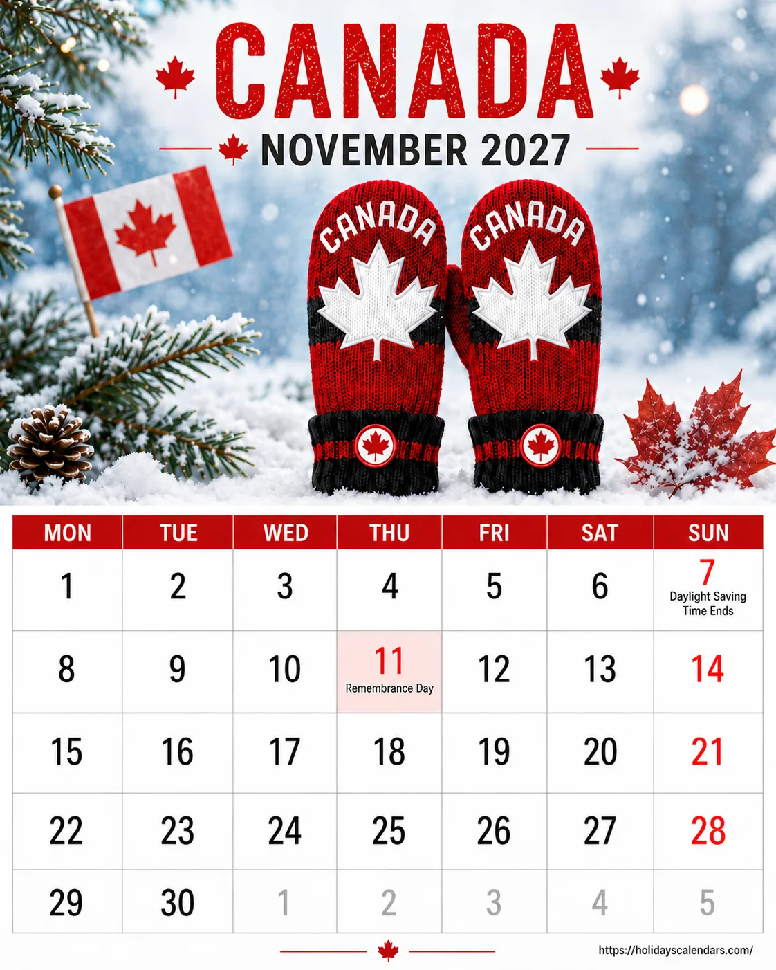Canada public holidays November 2027 calendar image with Remembrance Day highlighted