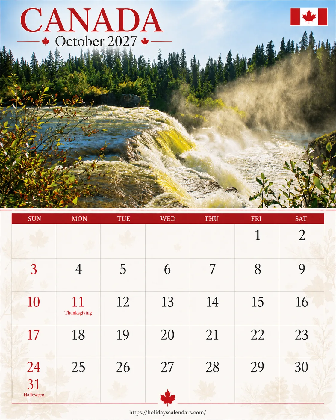 Canada public holidays October 2027 calendar image with Thanksgiving Day highlighted