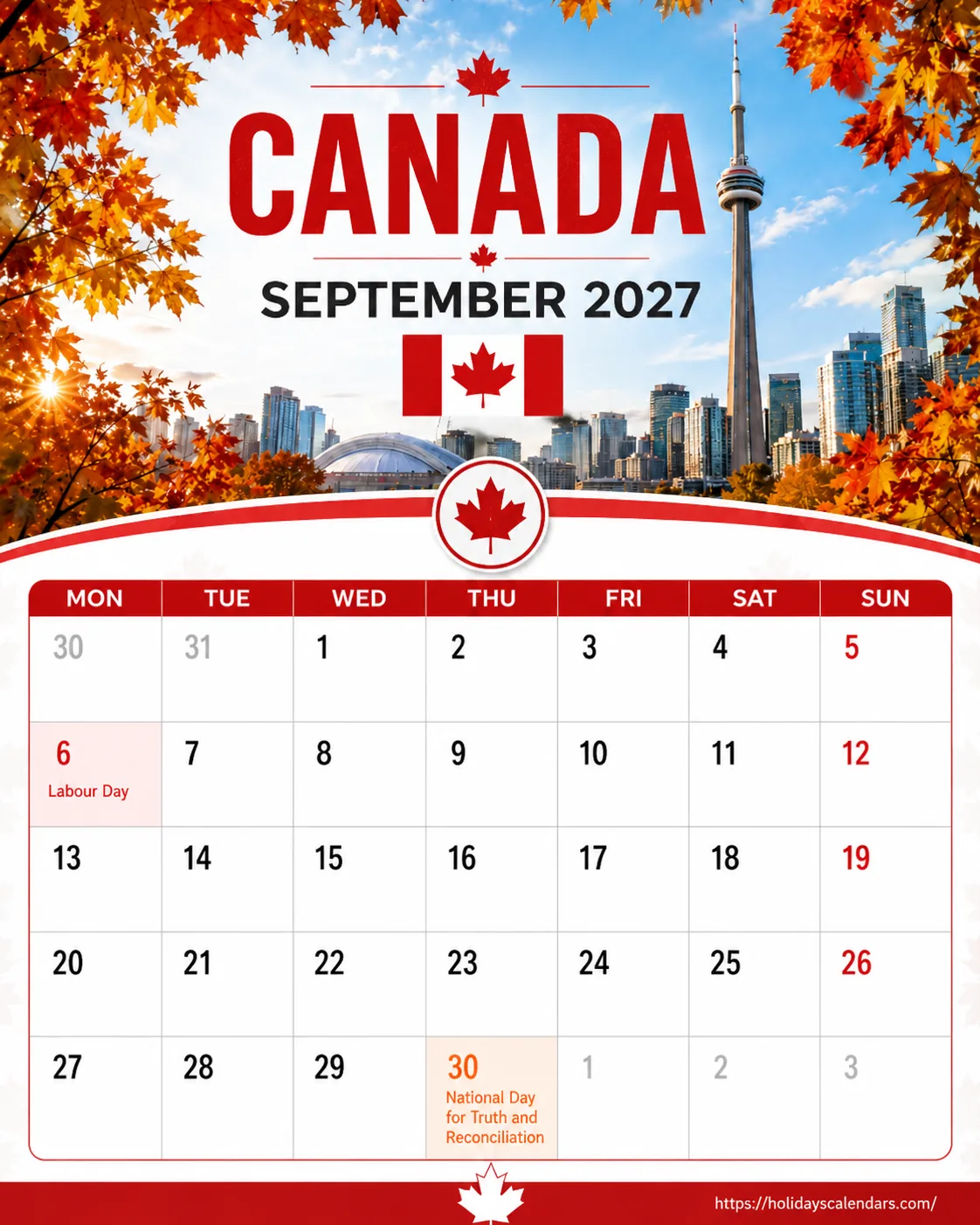 Canada public holidays September 2027 calendar image with Labour Day and National Day for Truth and Reconciliation highlighted