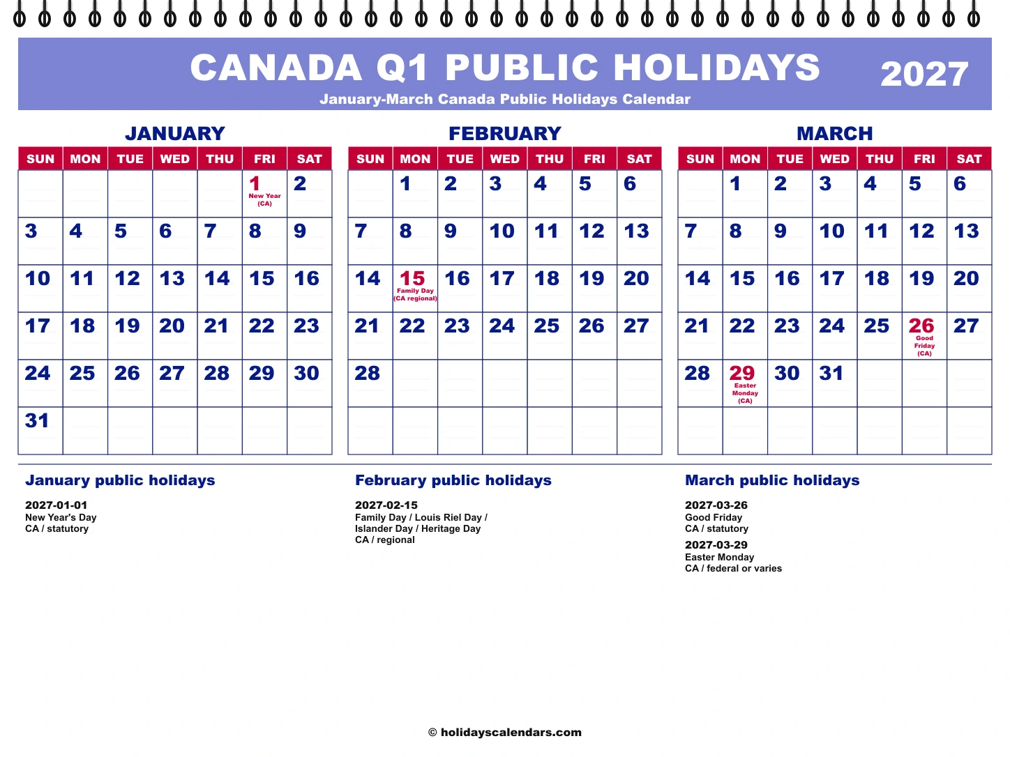 Canada Q1 2027 quarterly calendar image Canada public holidays Q1 2027 quarterly calendar image with holiday dates highlighted