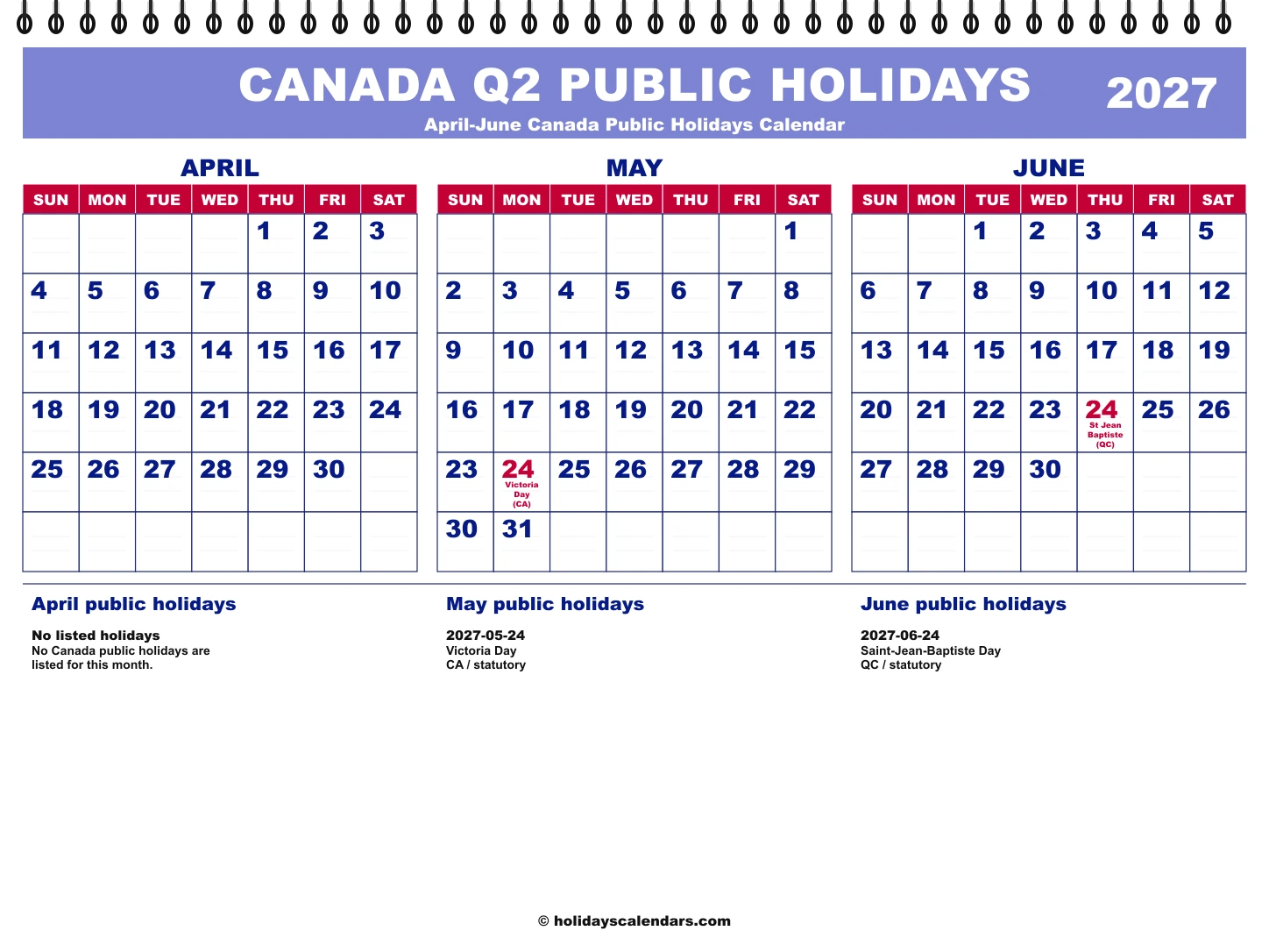 Canada Q2 2027 quarterly calendar image Canada public holidays Q2 2027 quarterly calendar image with holiday dates highlighted
