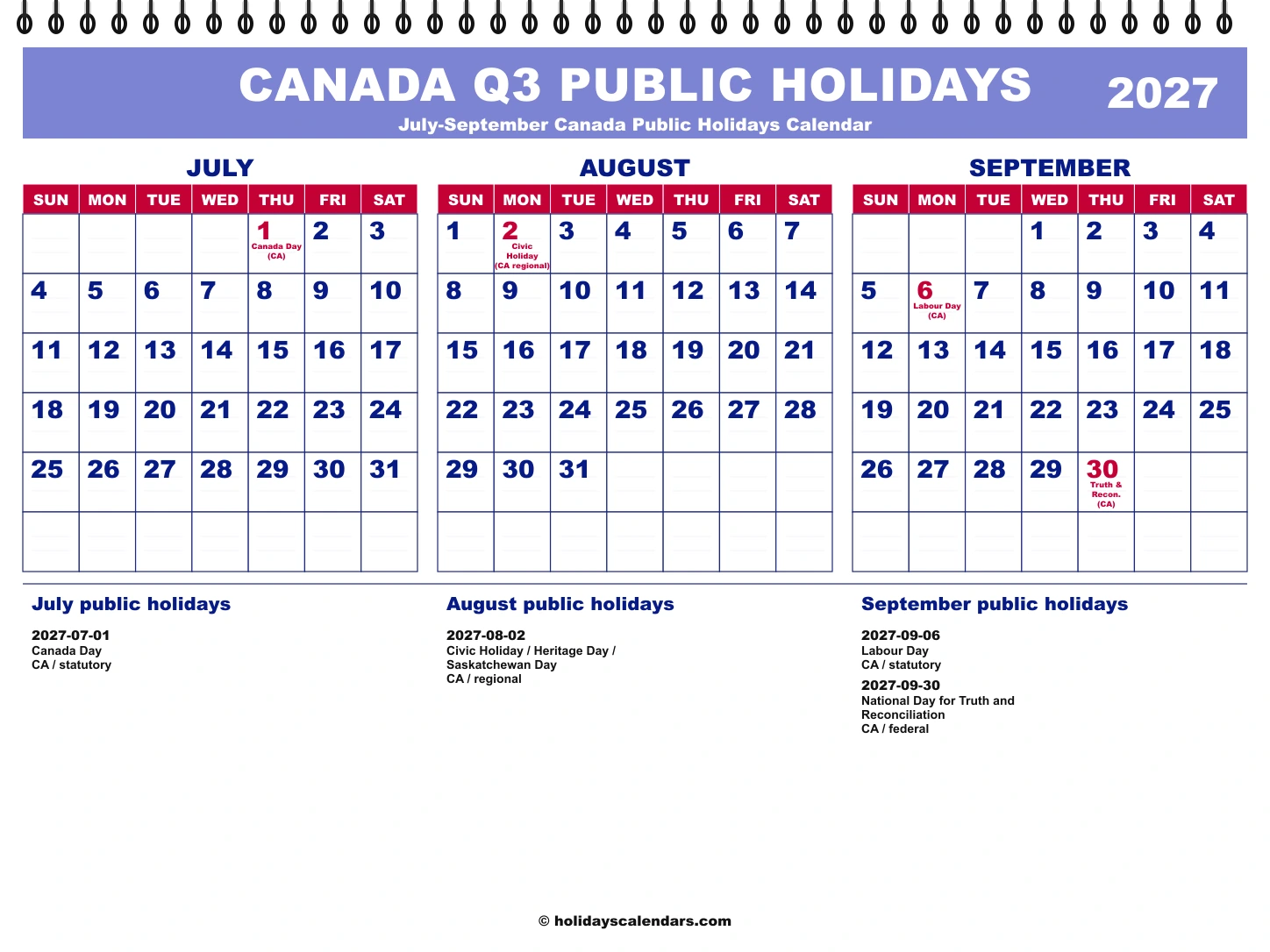 Canada Q3 2027 quarterly calendar image Canada public holidays Q3 2027 quarterly calendar image with holiday dates highlighted