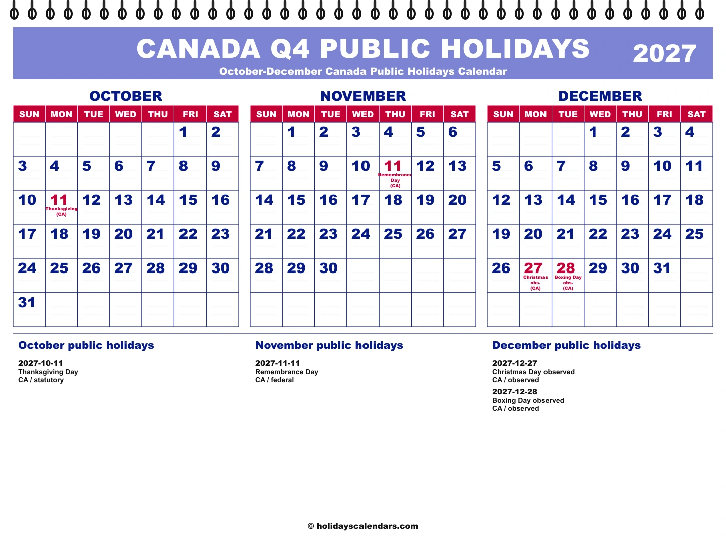 Canada Q4 2027 quarterly calendar image Canada public holidays Q4 2027 quarterly calendar image with holiday dates highlighted
