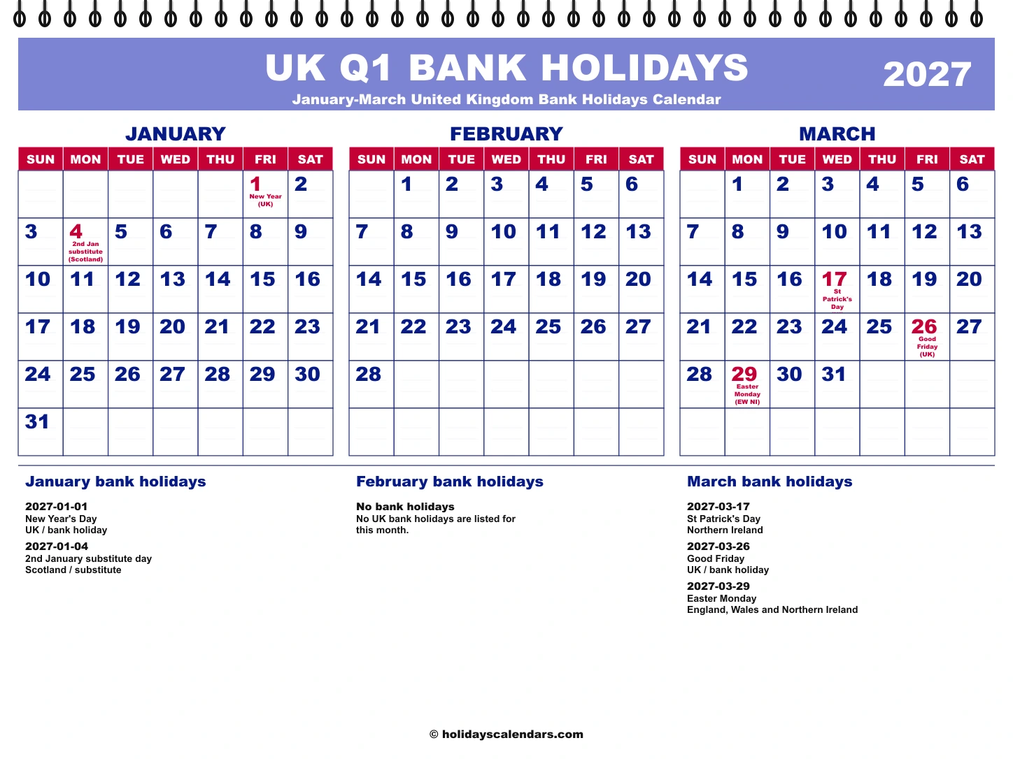 United Kingdom Q1 2027 quarterly calendar image United Kingdom bank holidays Q1 2027 quarterly calendar image with holiday dates highlighted