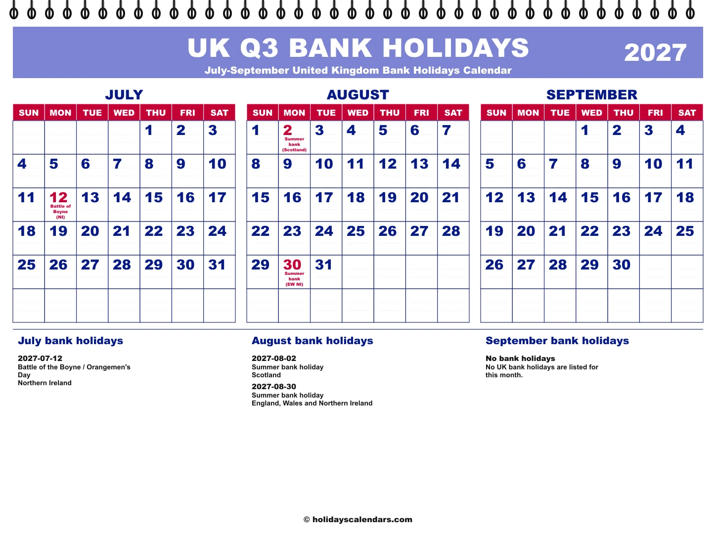 United Kingdom Q3 2027 quarterly calendar image United Kingdom bank holidays Q3 2027 quarterly calendar image with holiday dates highlighted