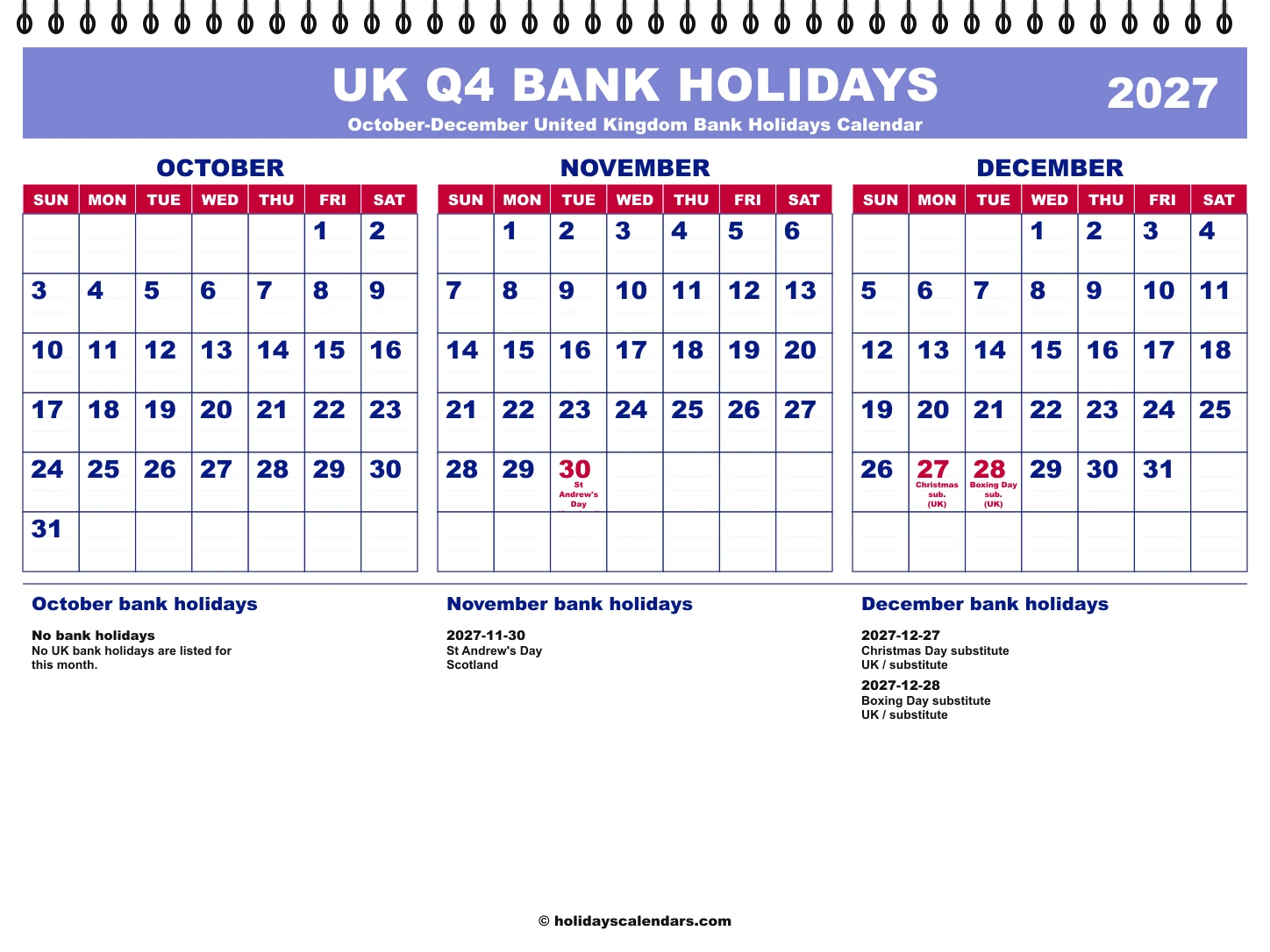 United Kingdom Q4 2027 quarterly calendar image United Kingdom bank holidays Q4 2027 quarterly calendar image with holiday dates highlighted