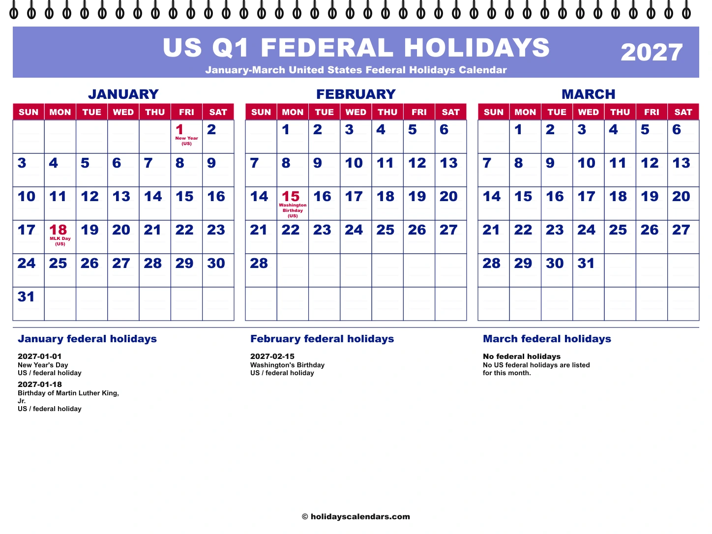 United States Q1 2027 quarterly calendar image United States federal holidays Q1 2027 quarterly calendar image with holiday dates highlighted