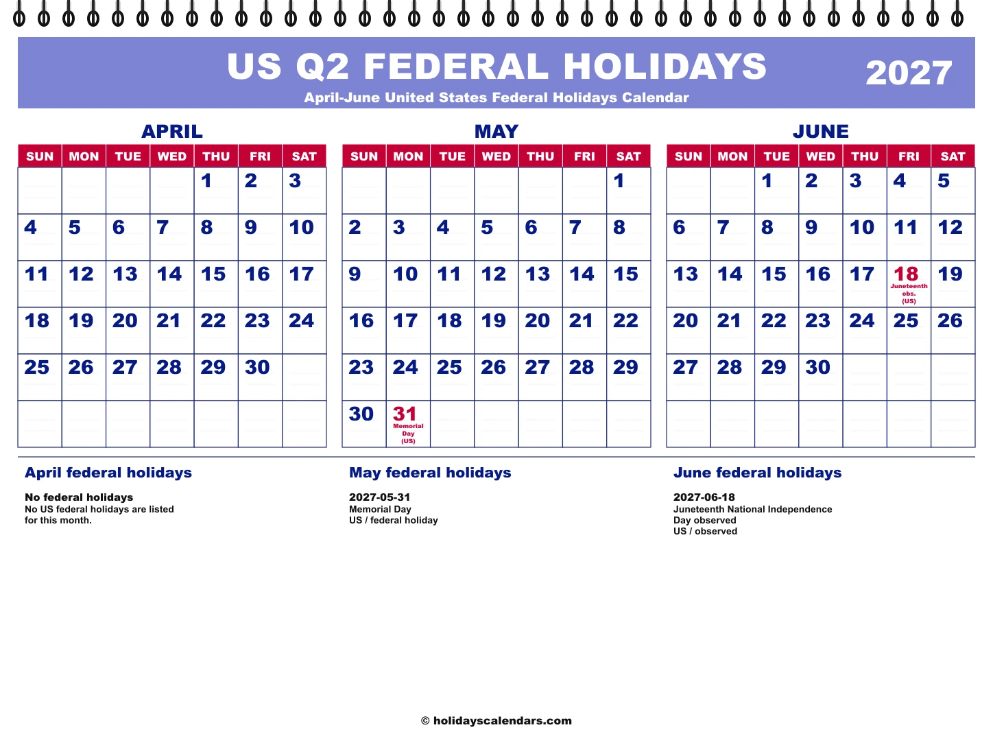 United States federal holidays Q2 2027 quarterly calendar image with holiday dates highlighted
