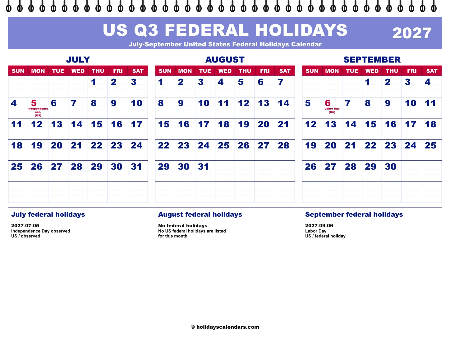 United States Q3 2027 quarterly calendar image United States federal holidays Q3 2027 quarterly calendar image with holiday dates highlighted