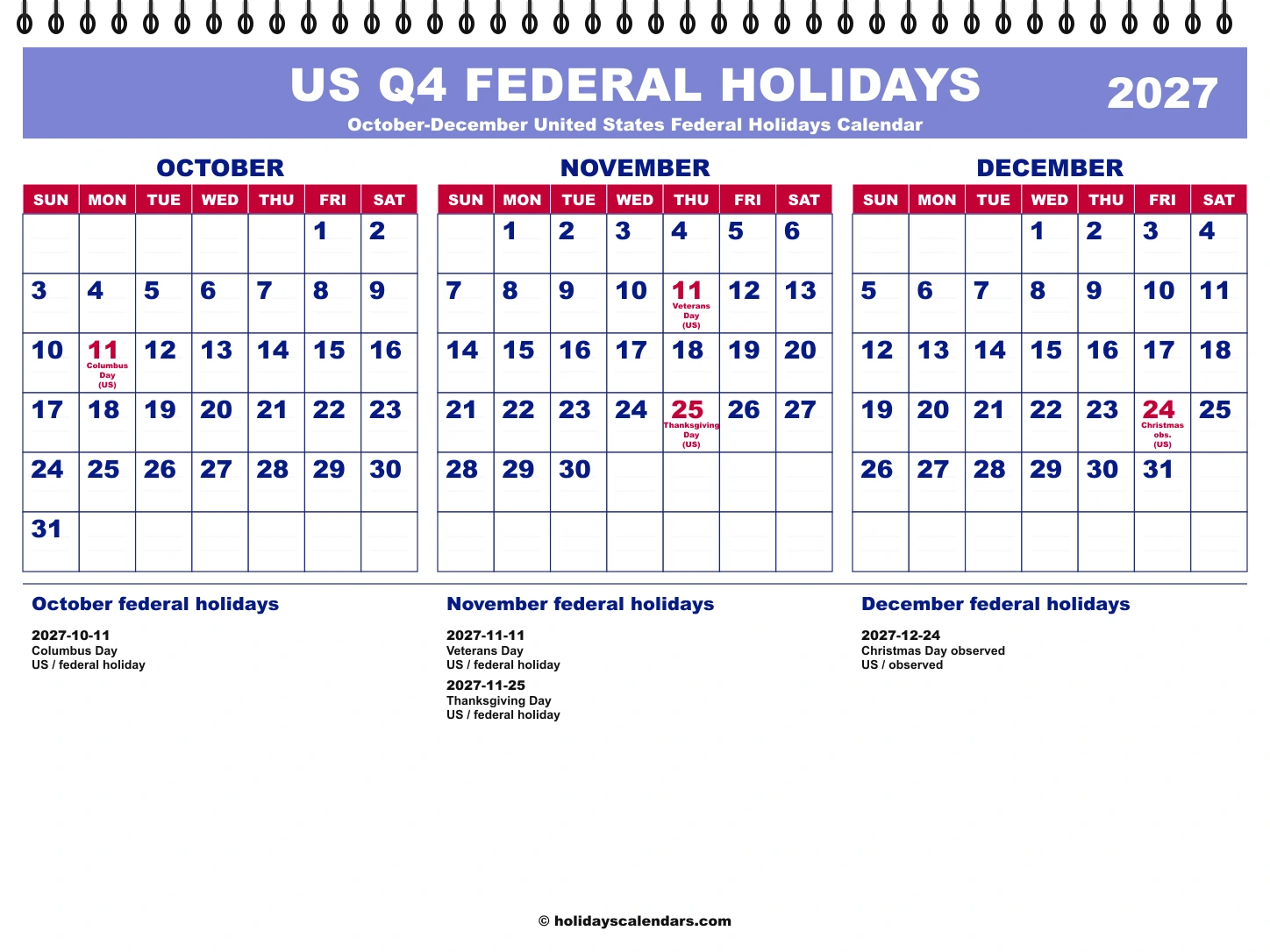 United States Q4 2027 quarterly calendar image United States federal holidays Q4 2027 quarterly calendar image with holiday dates highlighted