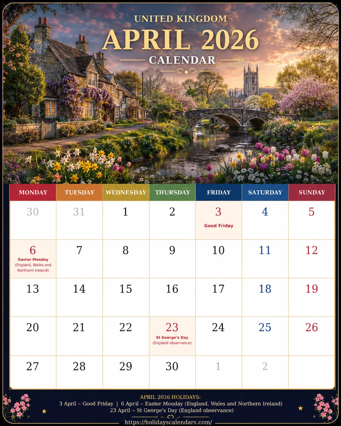 UK April 2026 Easter bank holidays calendar United Kingdom bank holidays April 2026 calendar image with Good Friday and Easter Monday
