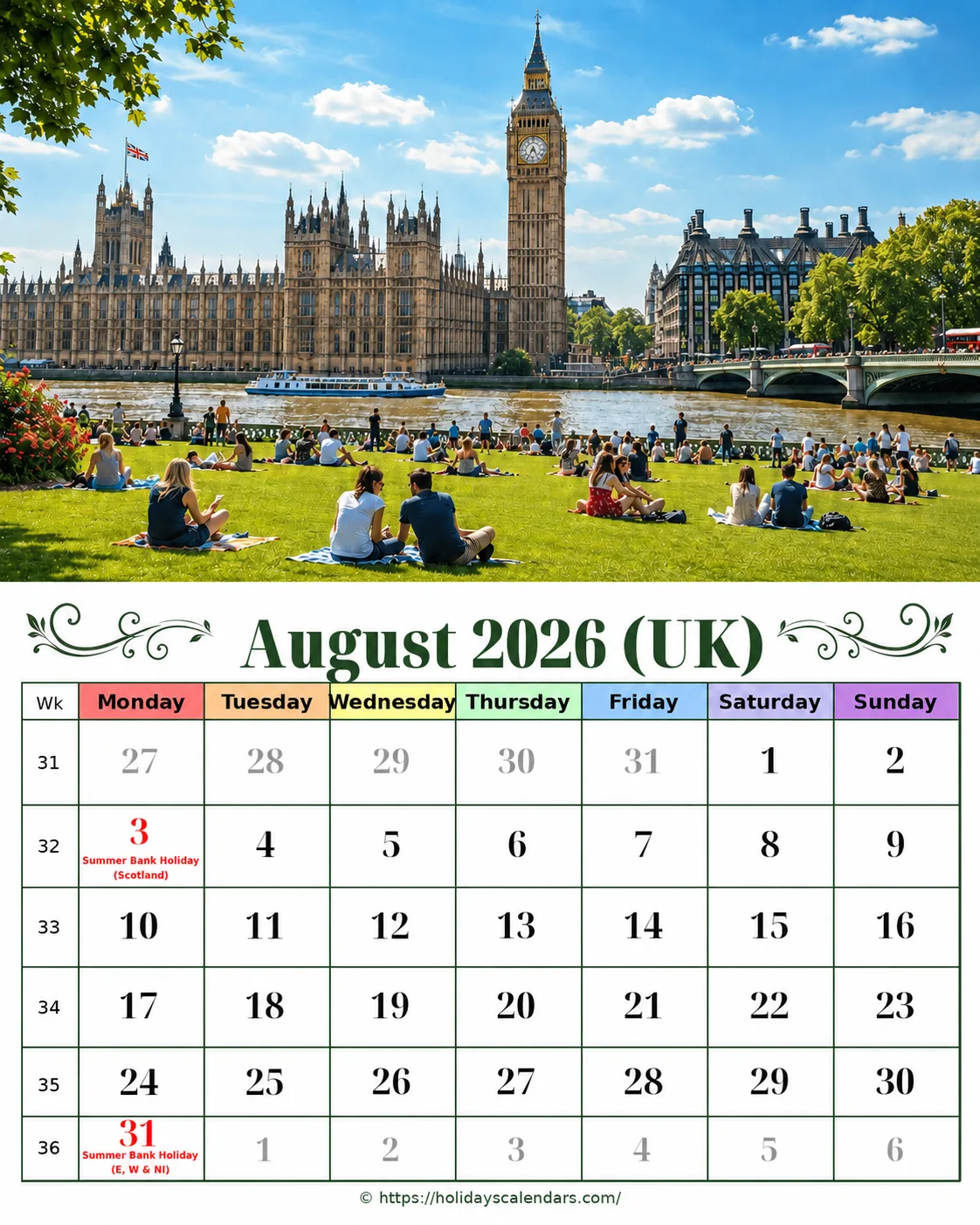 UK August 2026 summer bank holidays calendar United Kingdom bank holidays August 2026 calendar image with Scotland and England Wales Northern Ireland summer bank holidays highlighted