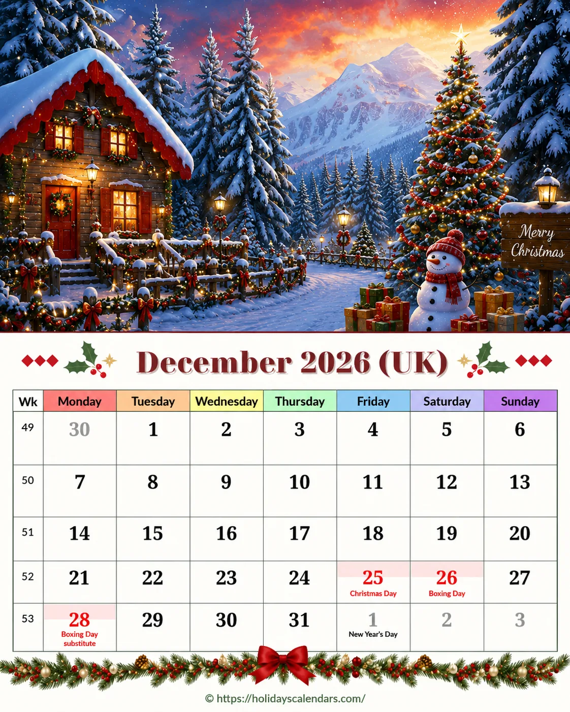 UK December 2026 Christmas bank holidays calendar United Kingdom bank holidays December 2026 calendar image with Christmas Day and Boxing Day substitute date