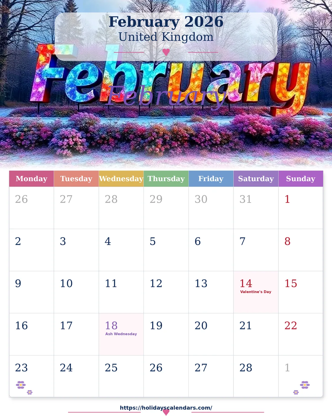UK February 2026 bank holidays calendar United Kingdom bank holidays February 2026 calendar image for monthly planning