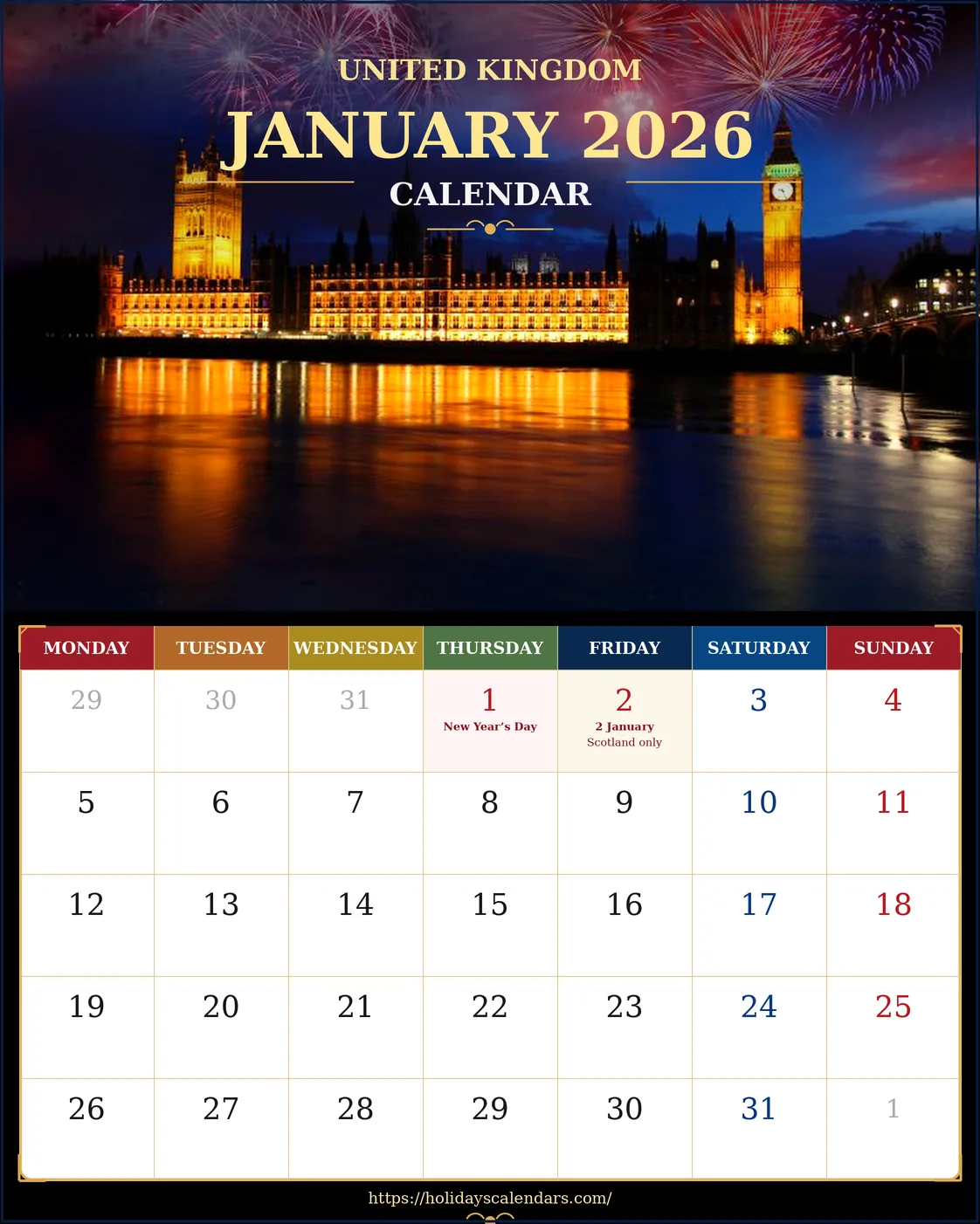 UK January 2026 bank holidays calendar United Kingdom bank holidays January 2026 calendar image with New Year's Day and Scotland 2 January