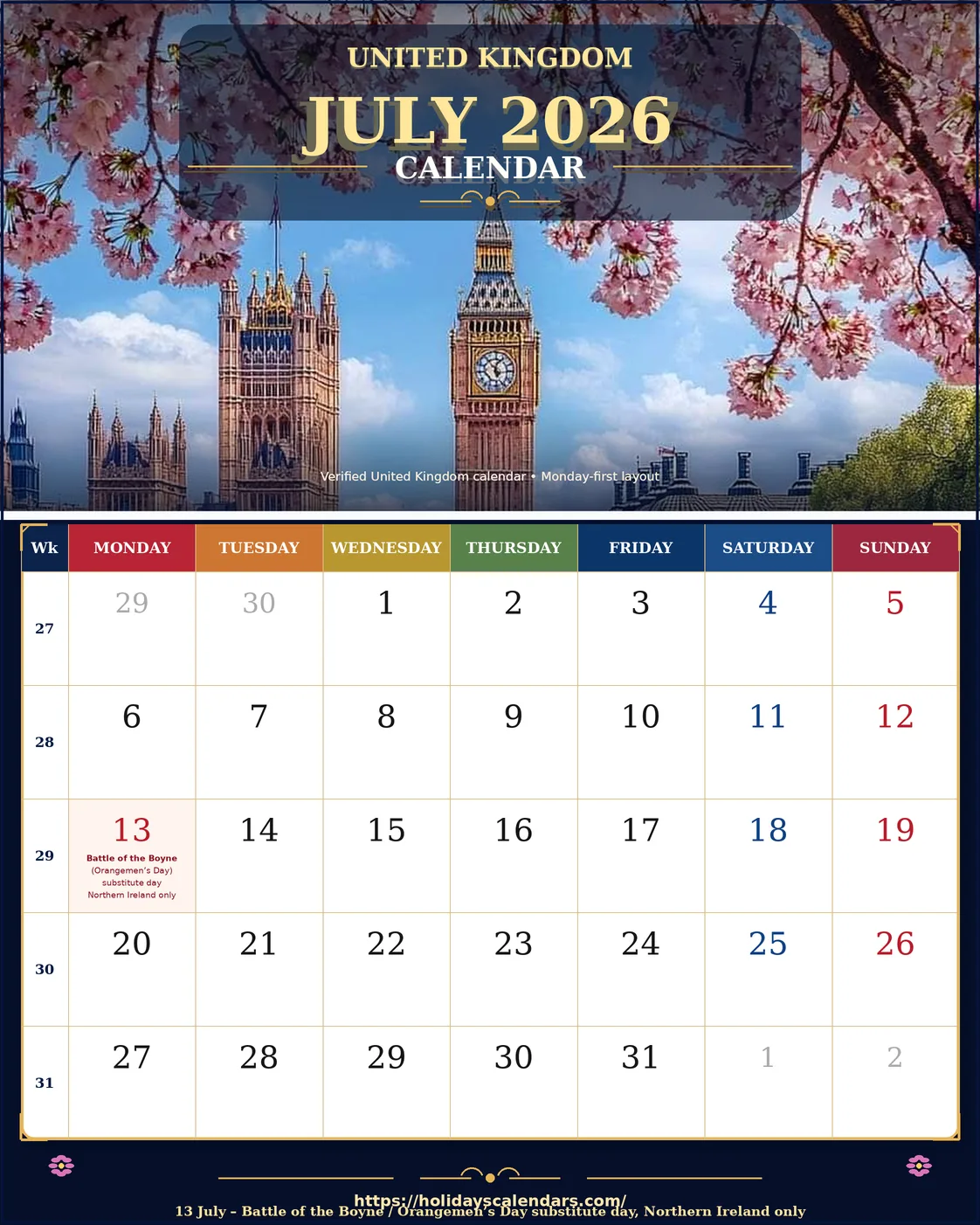 UK July 2026 Battle of the Boyne calendar United Kingdom bank holidays July 2026 calendar image with Battle of the Boyne in Northern Ireland