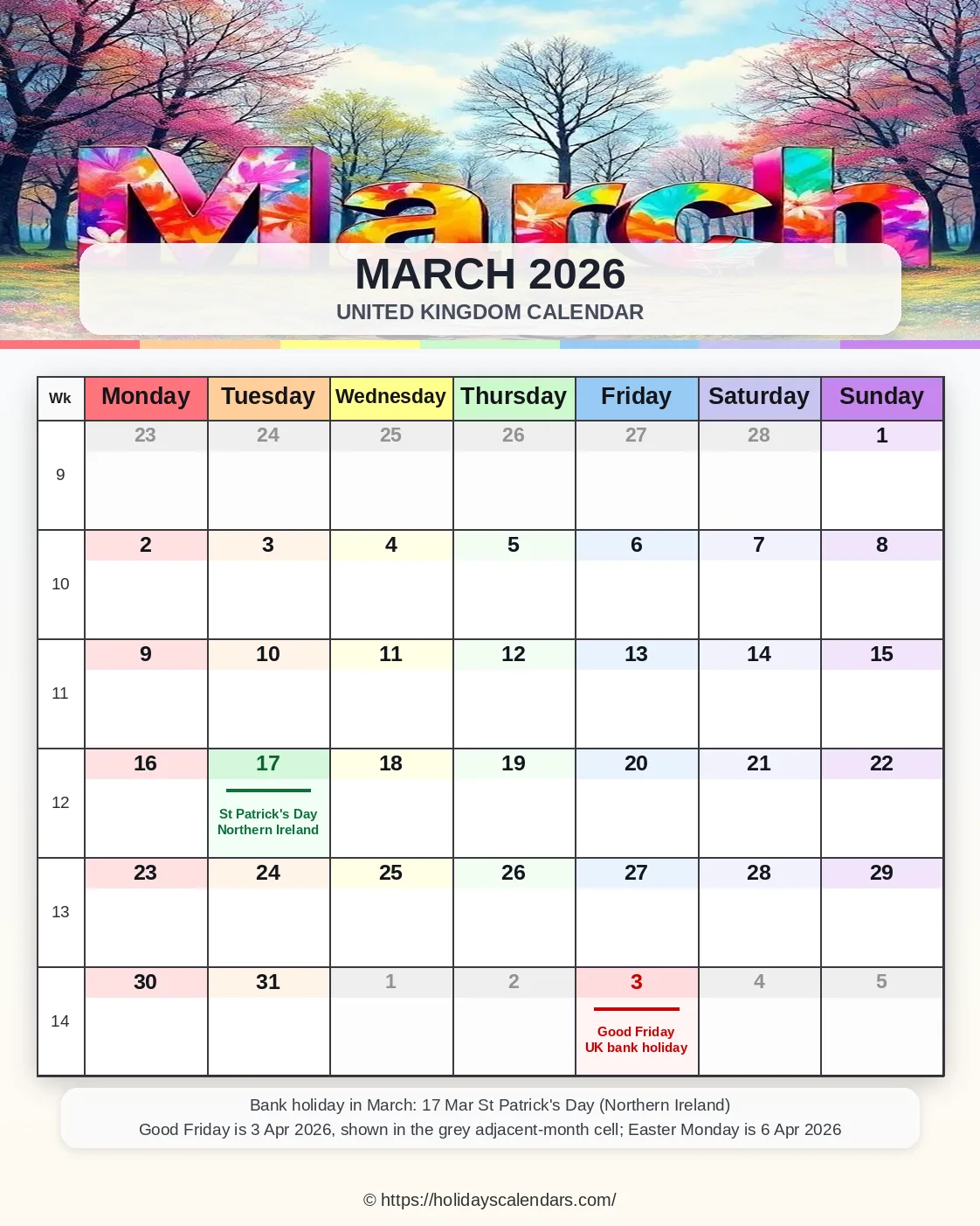 UK March 2026 St Patrick bank holiday calendar United Kingdom bank holidays March 2026 calendar image with St Patrick's Day in Northern Ireland