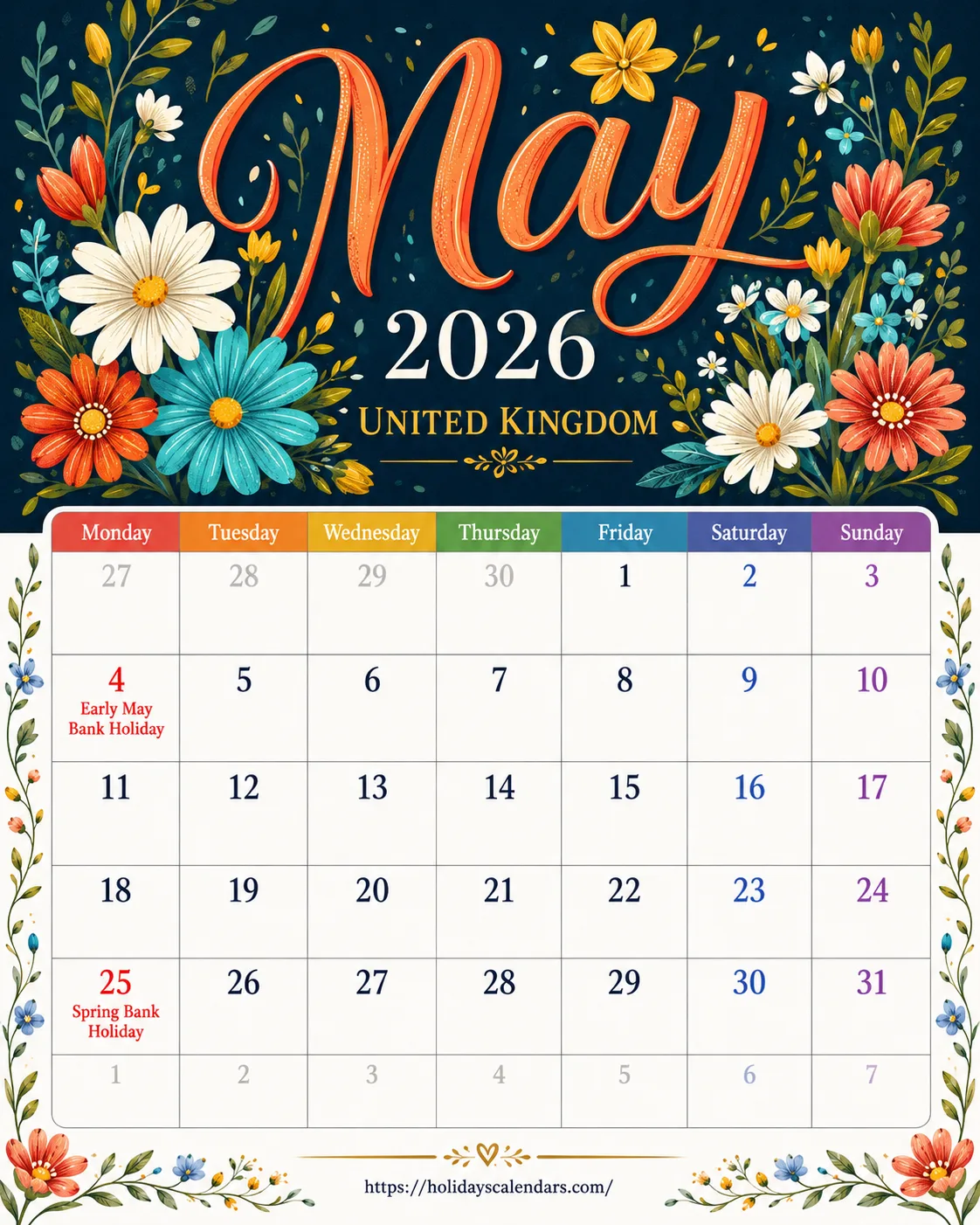 UK May 2026 bank holidays calendar United Kingdom bank holidays May 2026 calendar image with Early May and Spring bank holidays