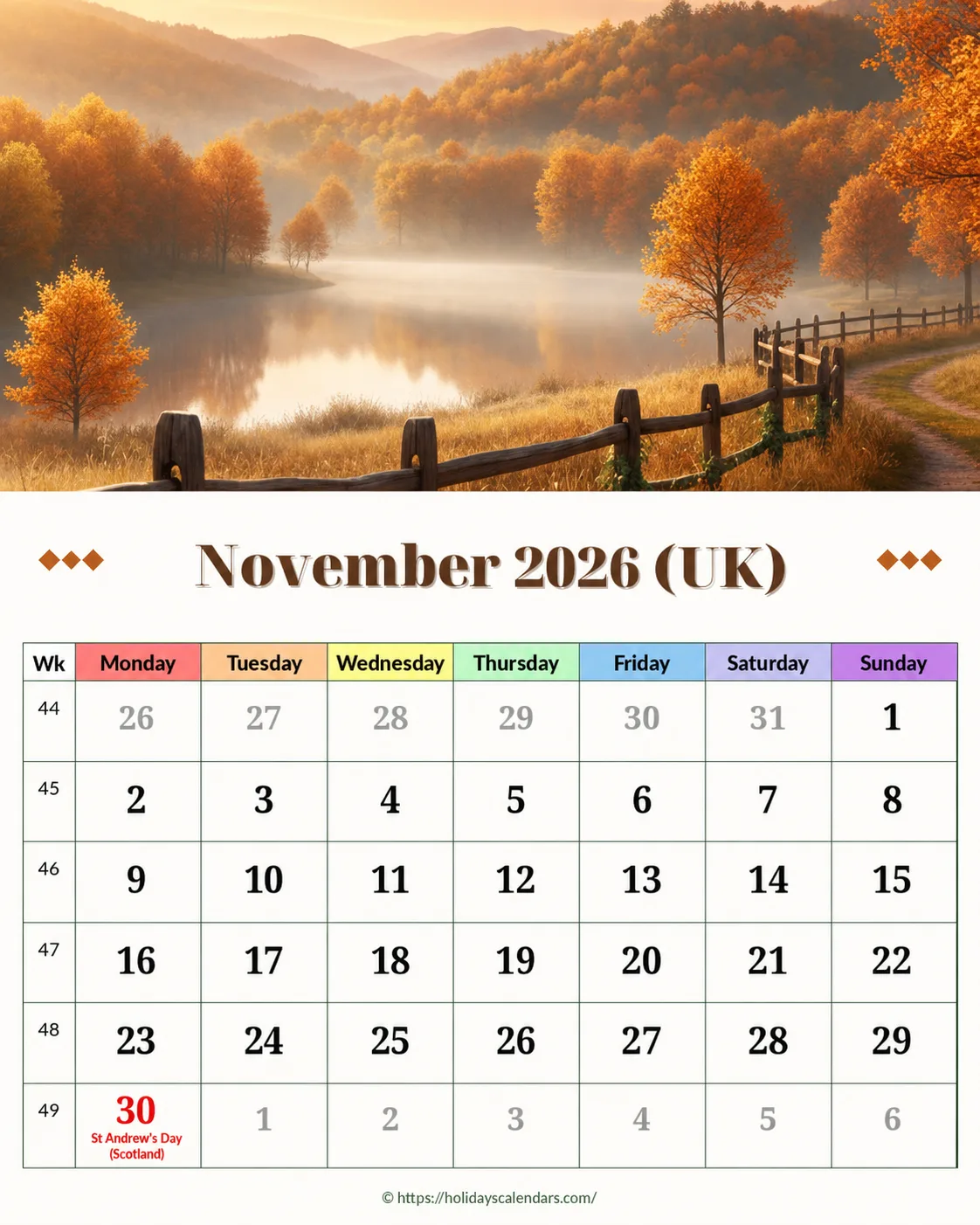 UK November 2026 St Andrew's Day calendar United Kingdom bank holidays November 2026 calendar image with St Andrew's Day in Scotland