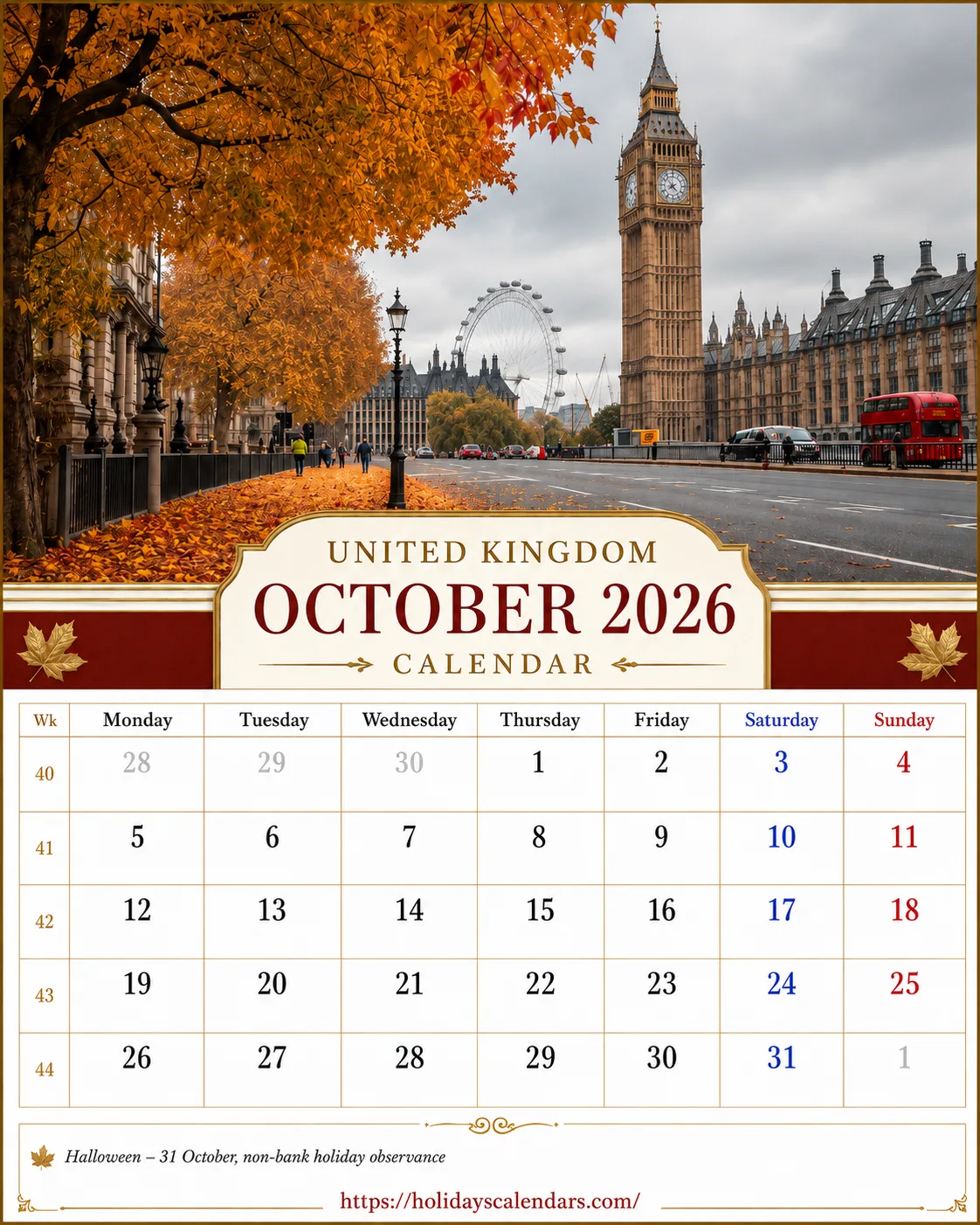UK October 2026 bank holidays calendar United Kingdom bank holidays October 2026 calendar image for monthly planning