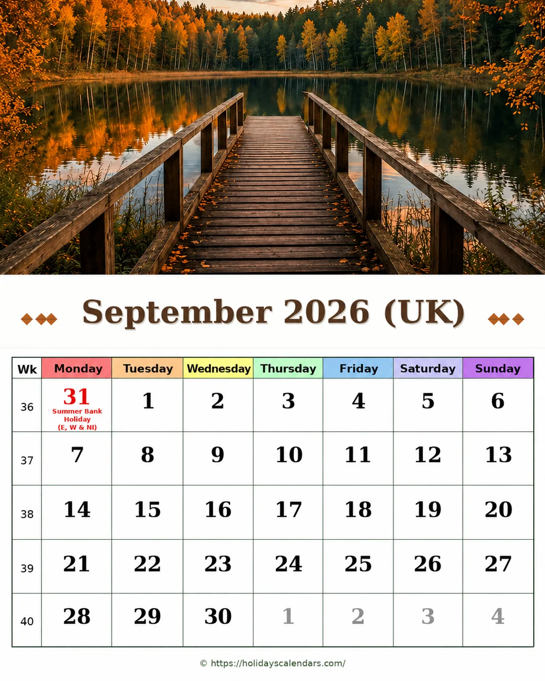 UK September 2026 bank holidays calendar United Kingdom bank holidays September 2026 calendar image for monthly planning