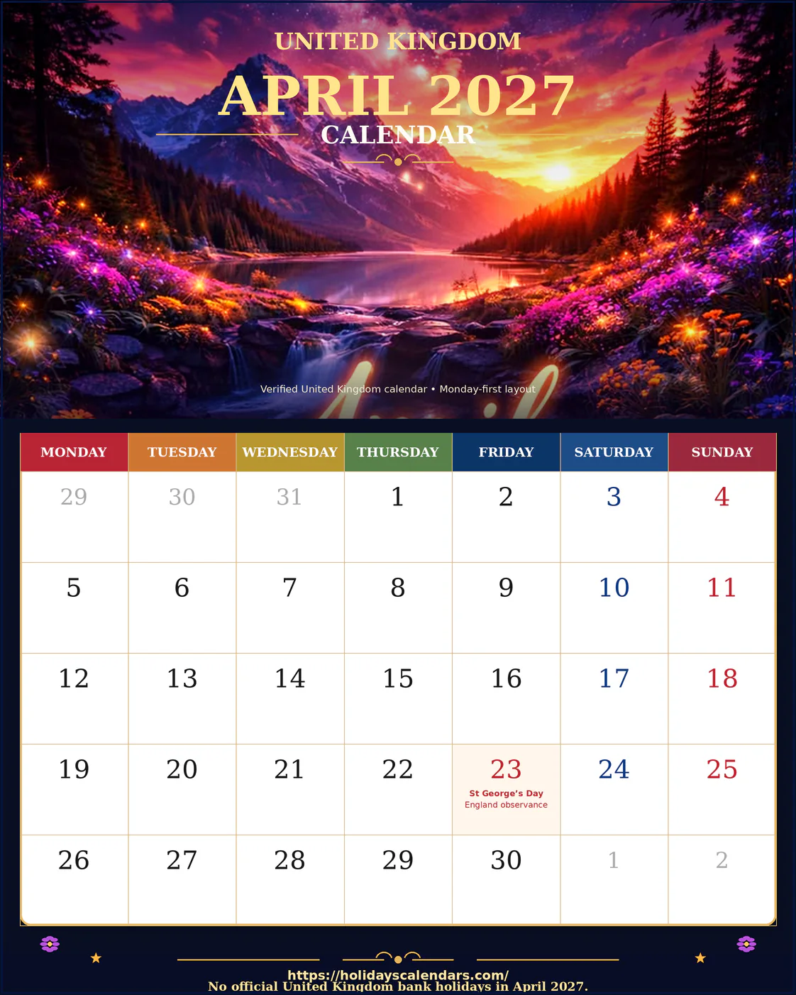 UK April 2027 Easter bank holidays calendar United Kingdom bank holidays April 2027 calendar image with Good Friday and Easter Monday