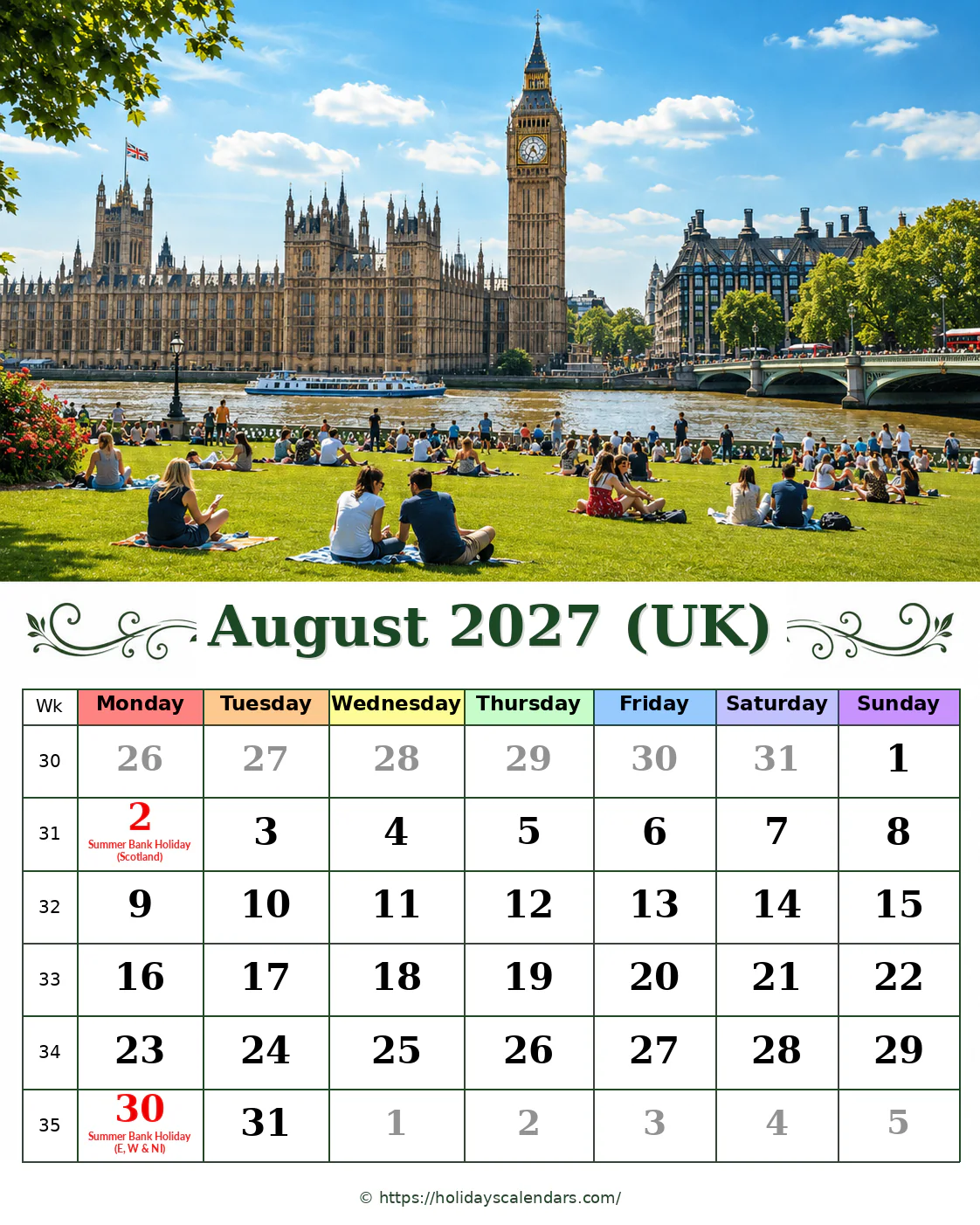 UK August 2027 summer bank holidays calendar United Kingdom bank holidays August 2027 calendar image with Scotland and England Wales Northern Ireland summer bank holidays