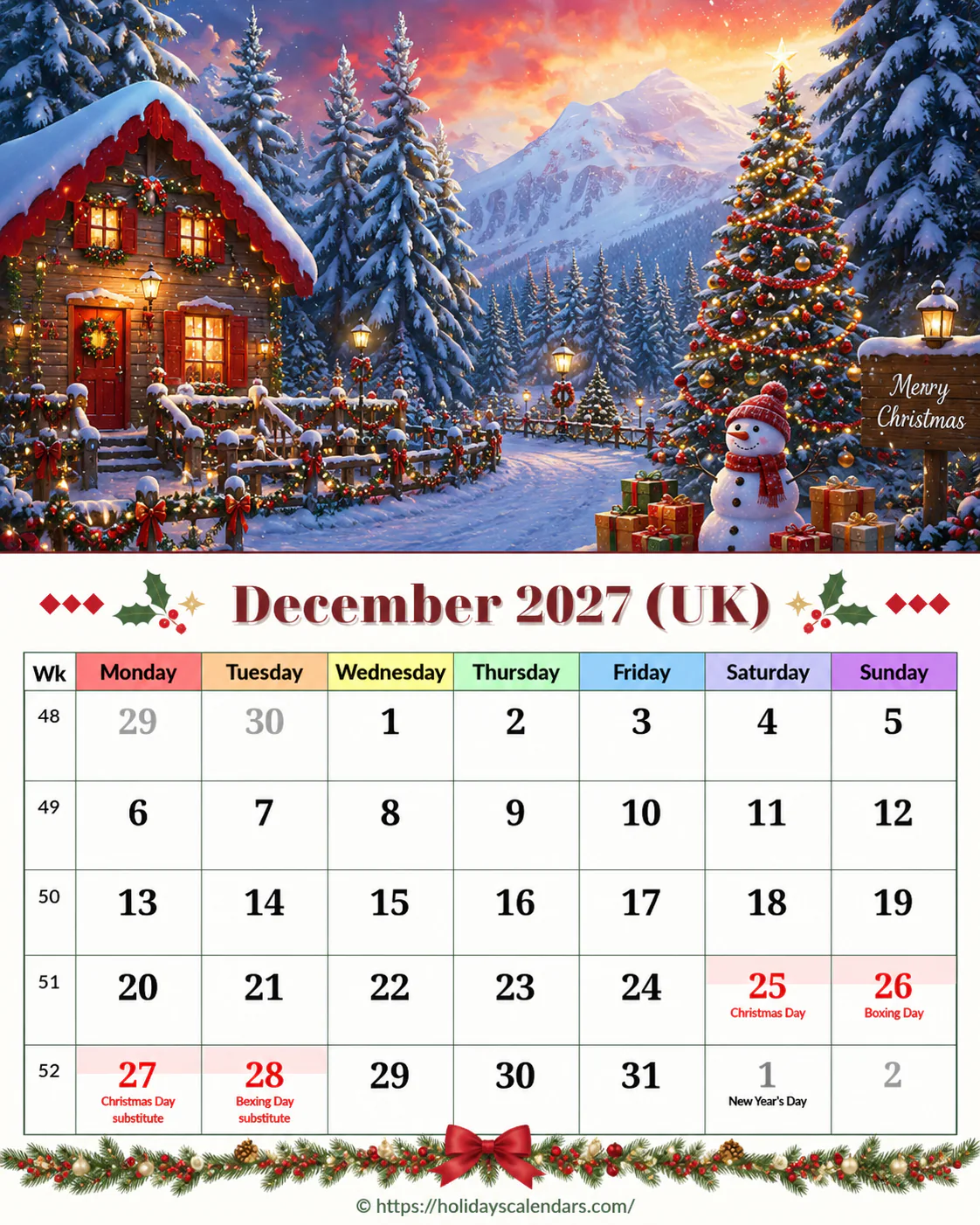 UK December 2027 Christmas bank holidays calendar United Kingdom bank holidays December 2027 calendar image with Christmas Day and Boxing Day substitute dates