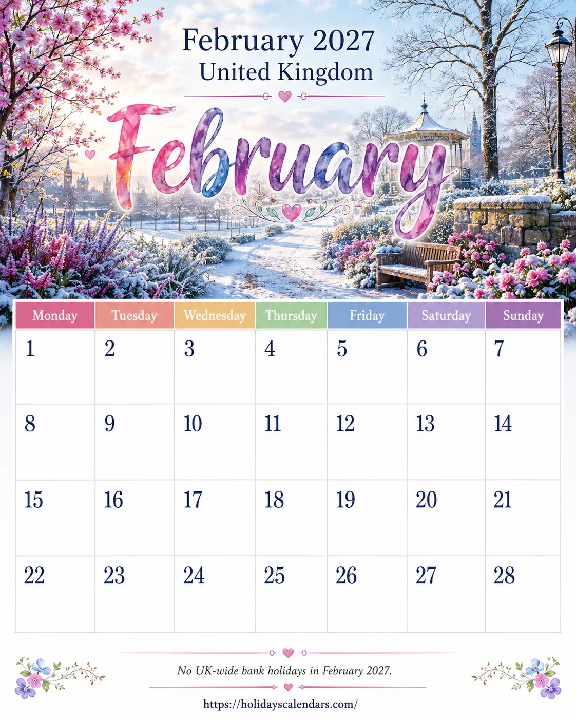 UK February 2027 bank holidays calendar United Kingdom bank holidays February 2027 calendar image for monthly planning